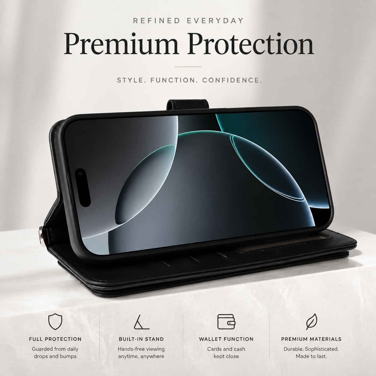 Premium iPhone Case Leather Flip Wallet Cover Card Holder Shockproof Protective Cover Magnetic Closure Kickstand Full Body Protection Design