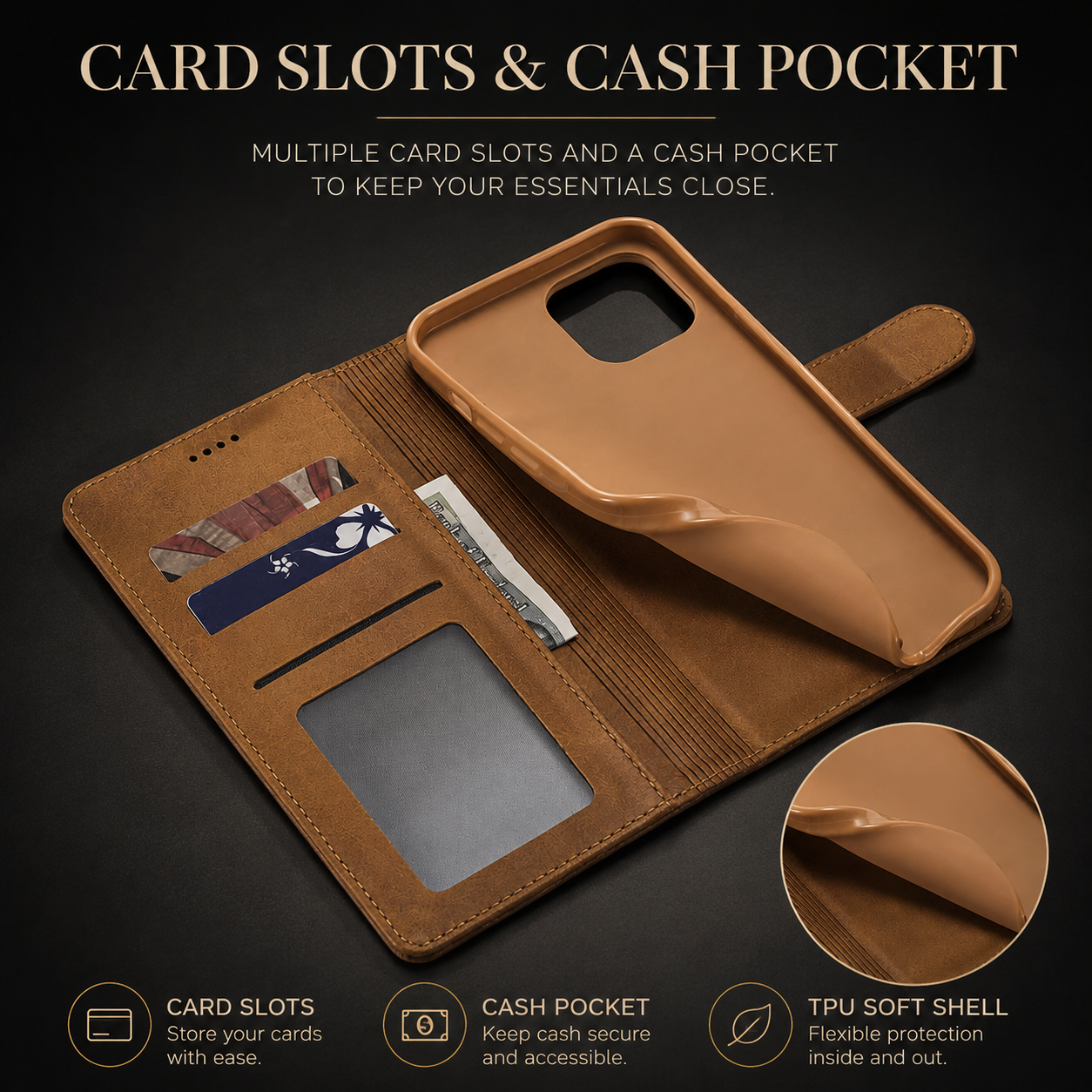 Premium iPhone Case Leather Wallet Cover Flip Card Holder Magnetic Closure Shockproof Protective Case Slim Full Coverage Screen Camera Protection Design