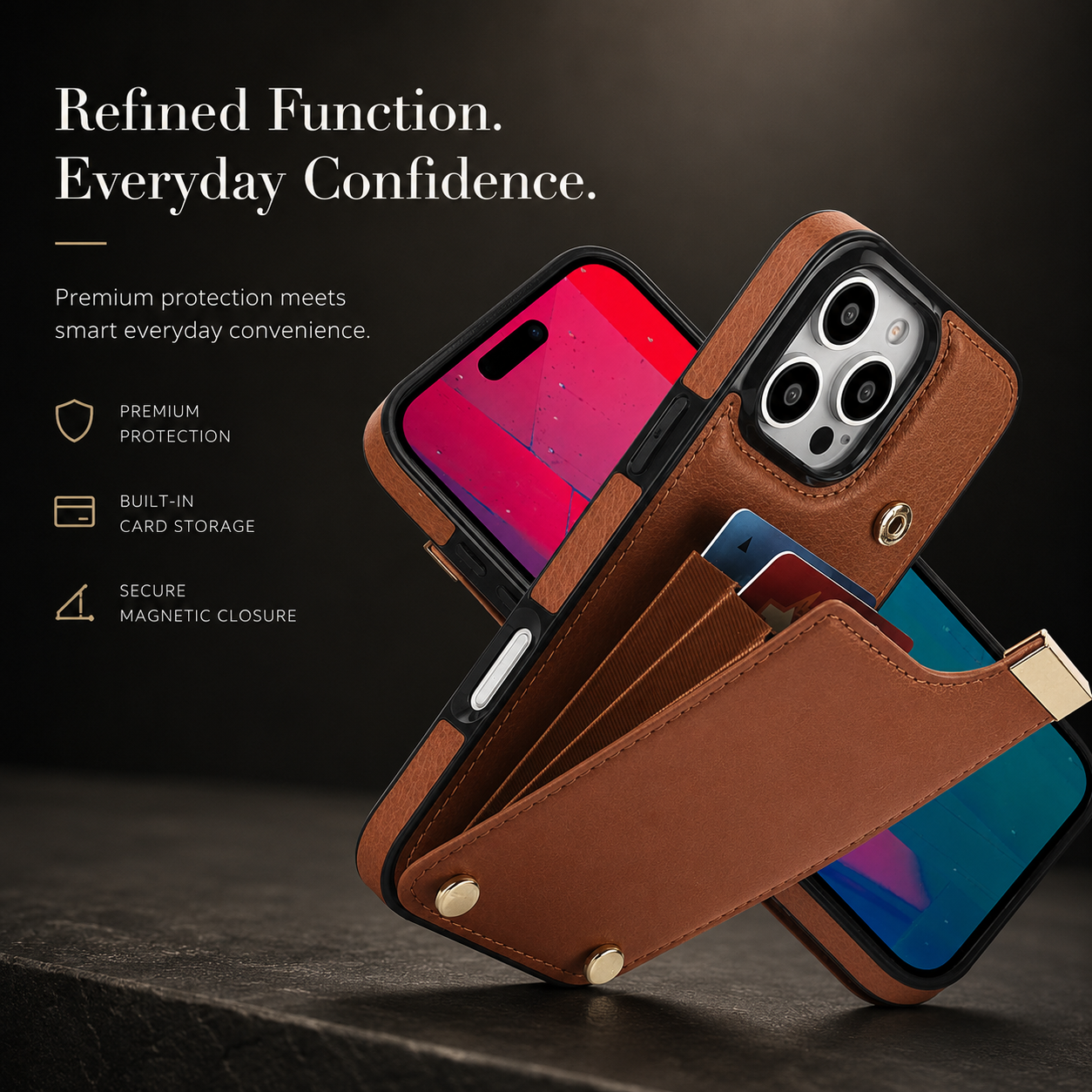 Premium iPhone Case Leather Wallet Cover Flip Card Holder Pocket Magnetic Closure Shockproof Protective Case Full Body Screen Camera Protection Slim Design