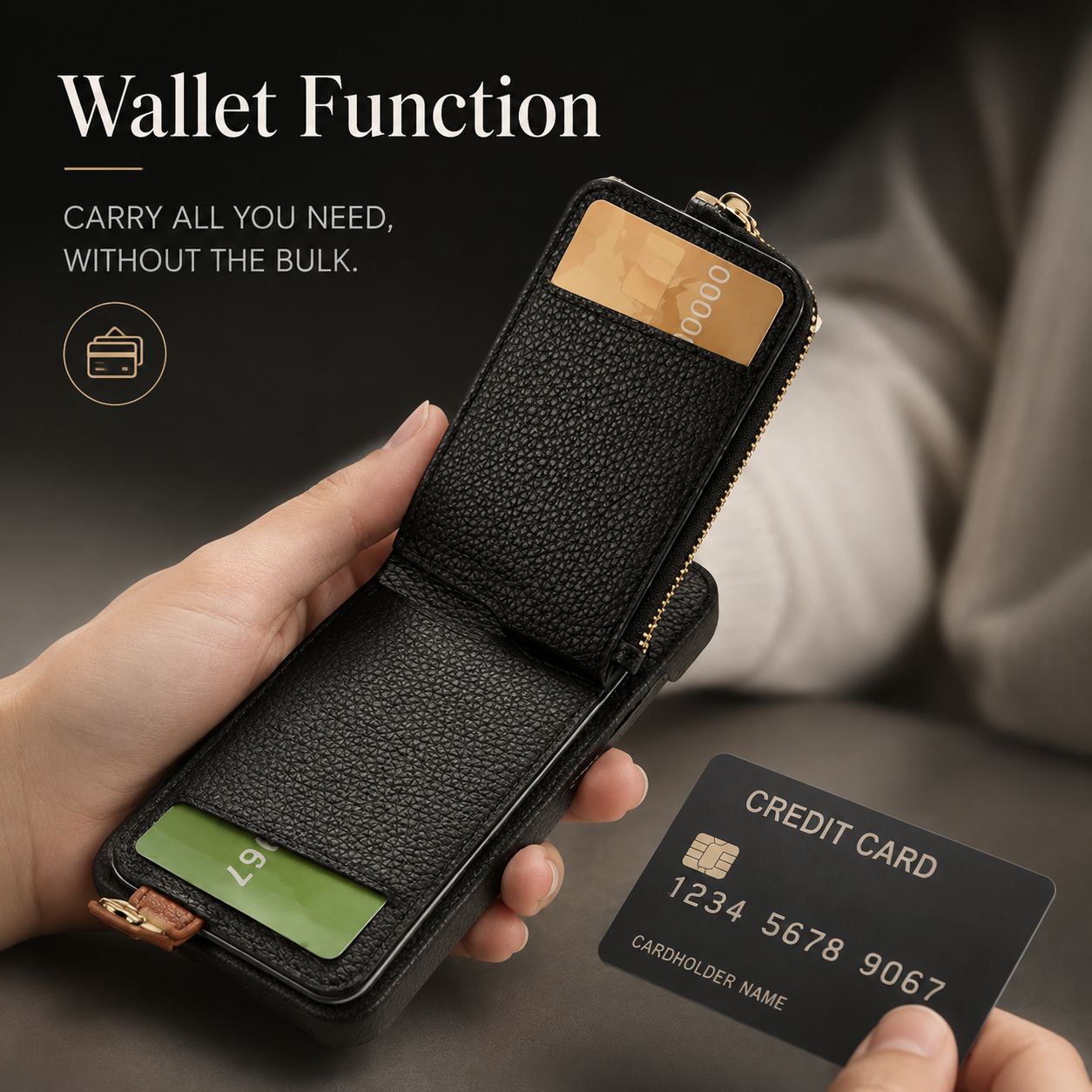 Premium iPhone Case Leather Zipper Wallet Cover Card Holder Ring Kickstand Magnetic Closure Shockproof Anti Fingerprint Protective Design