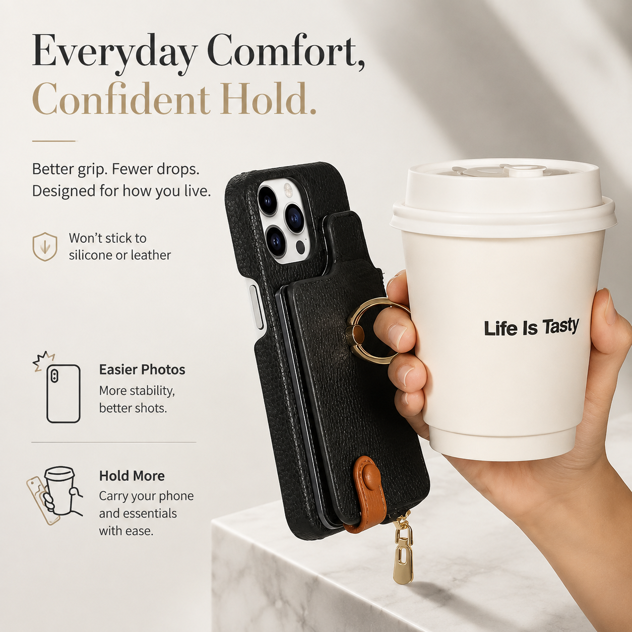 Premium iPhone Case Leather Zipper Wallet Cover Card Holder Ring Kickstand Magnetic Closure Shockproof Anti Fingerprint Protective Design