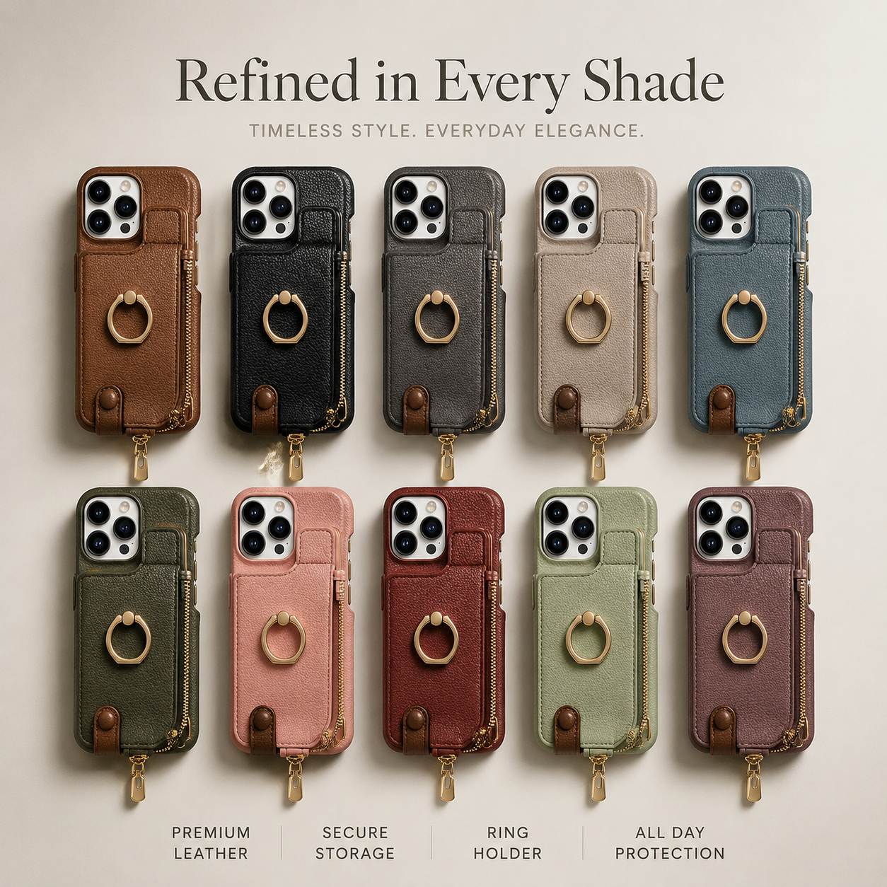 Premium iPhone Case Leather Zipper Wallet Cover Card Holder Ring Kickstand Shockproof Protective Case Magnetic Closure Full Coverage Design