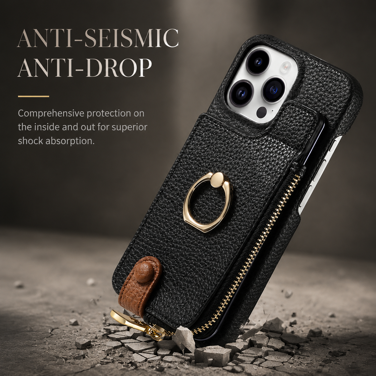 Premium iPhone Case Leather Zipper Wallet Cover Card Holder Ring Kickstand Shockproof Protective Case Magnetic Closure Full Coverage Design