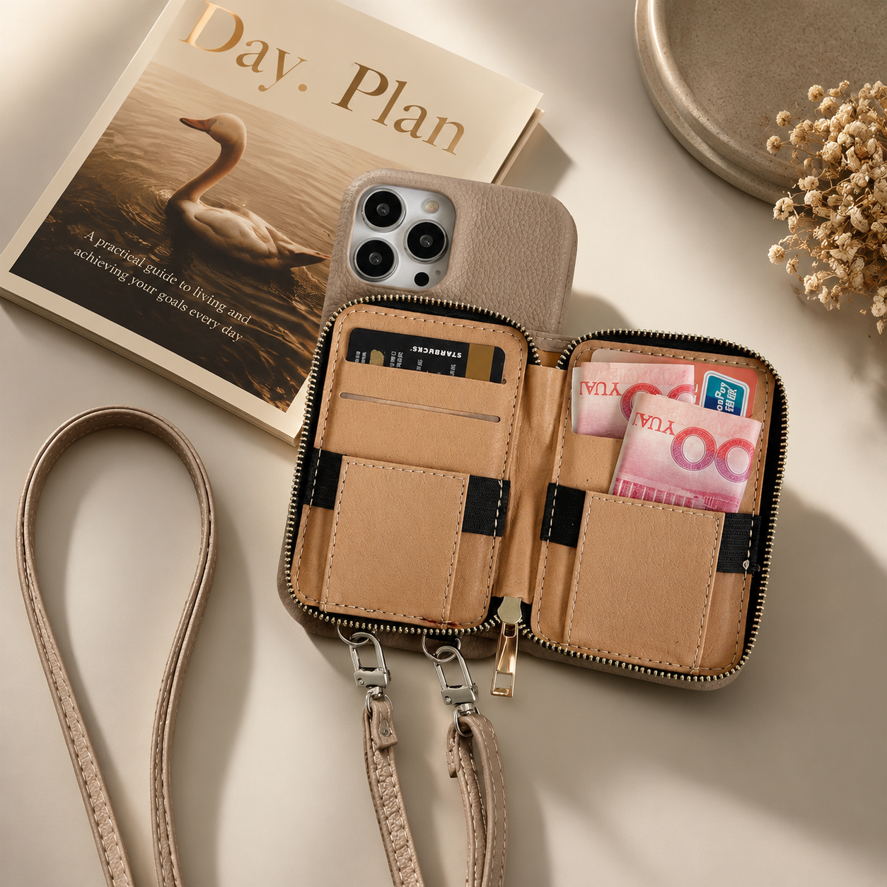 Premium iPhone Case Leather Zipper Wallet Crossbody Cover Card Holder Shoulder Strap Shockproof Protective Magnetic Closure Full Coverage Design