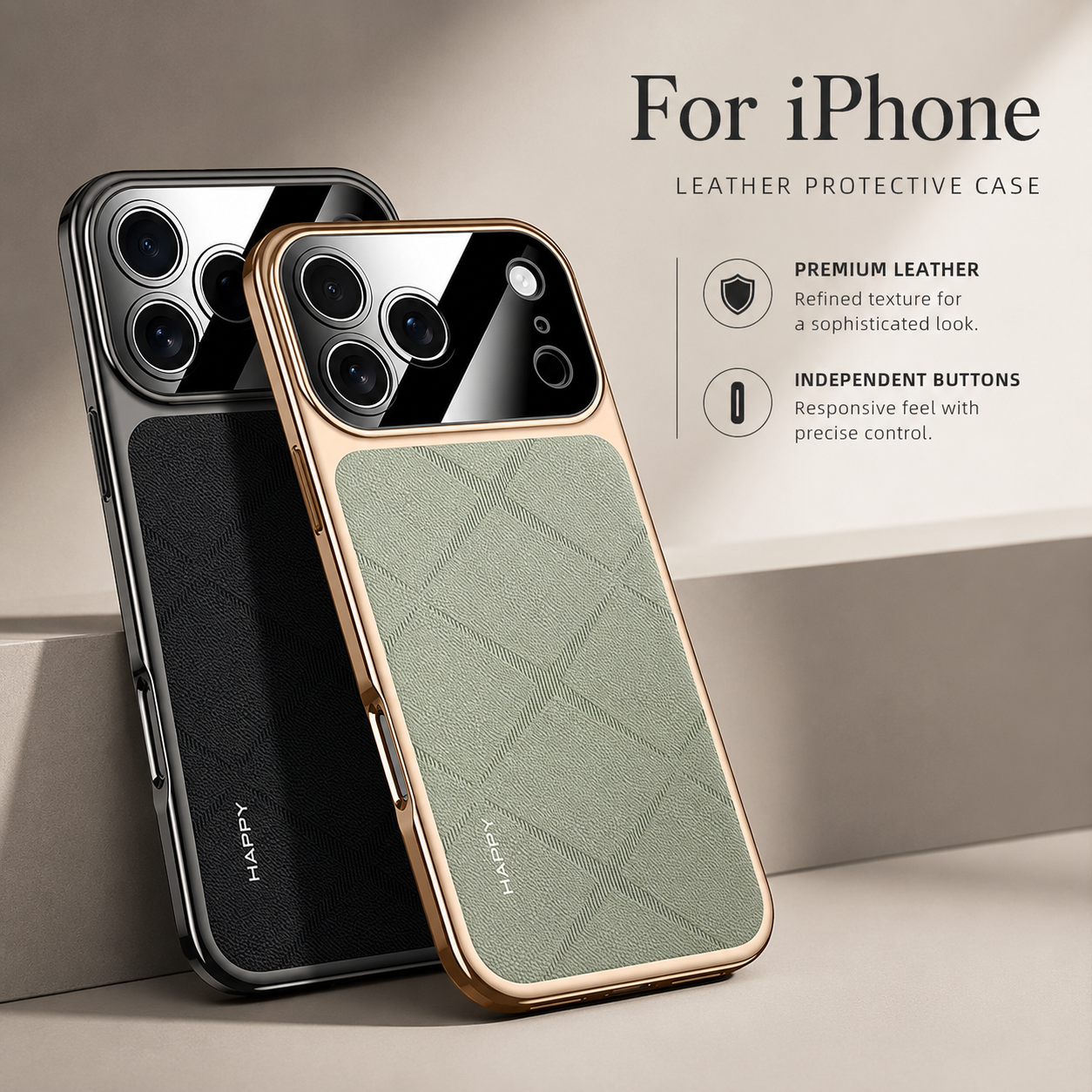 Premium iPhone Case Luxury Leather Frame Plating Protective Cover Shockproof Bumper Camera Lens Protection Anti Scratch Slim Full Coverage