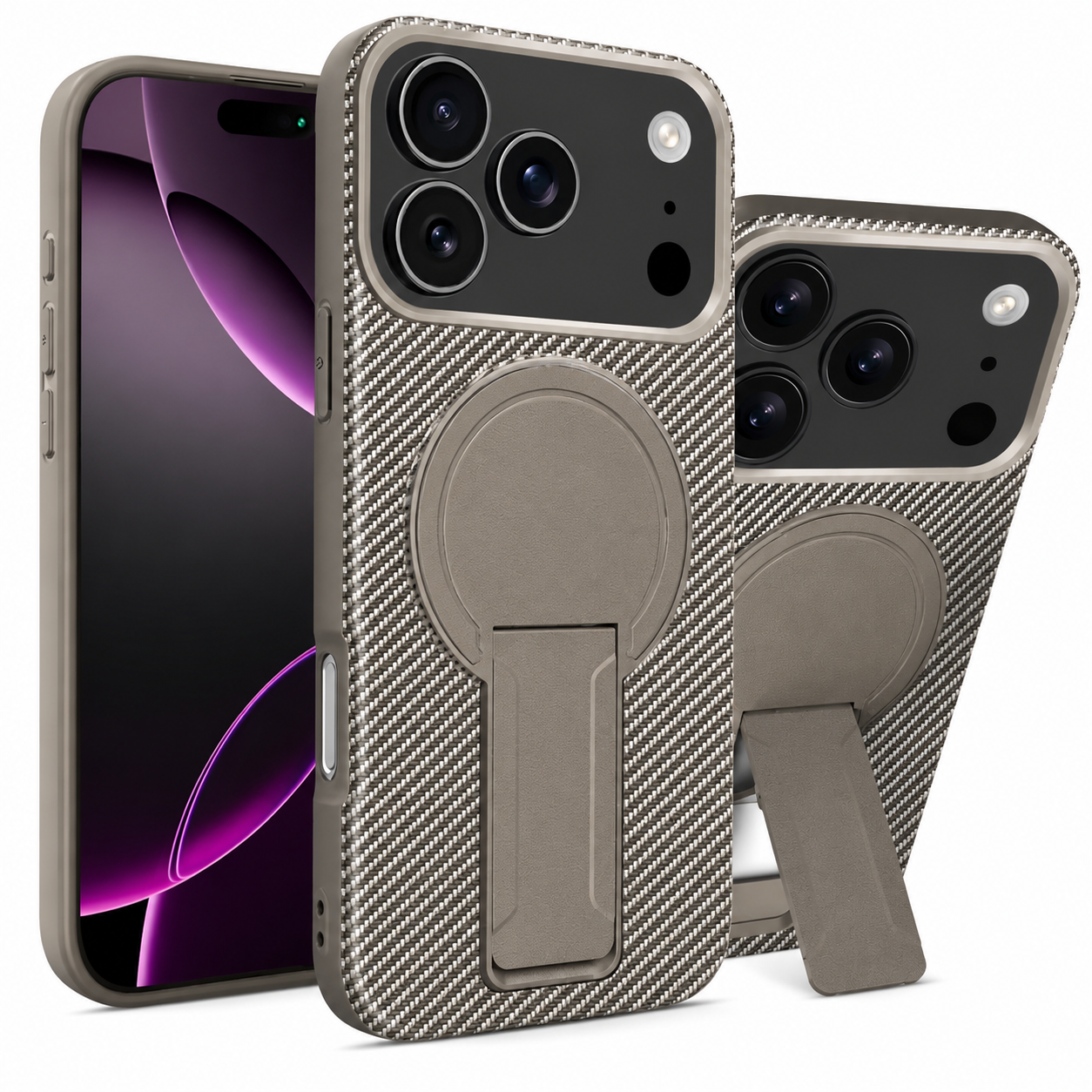 Premium iPhone Case MagSafe Compatible Carbon Fiber Pattern Fold Stand Magnetic Shockproof Protective Cover PC TPU Military Armor Camera Protection Full Coverage
