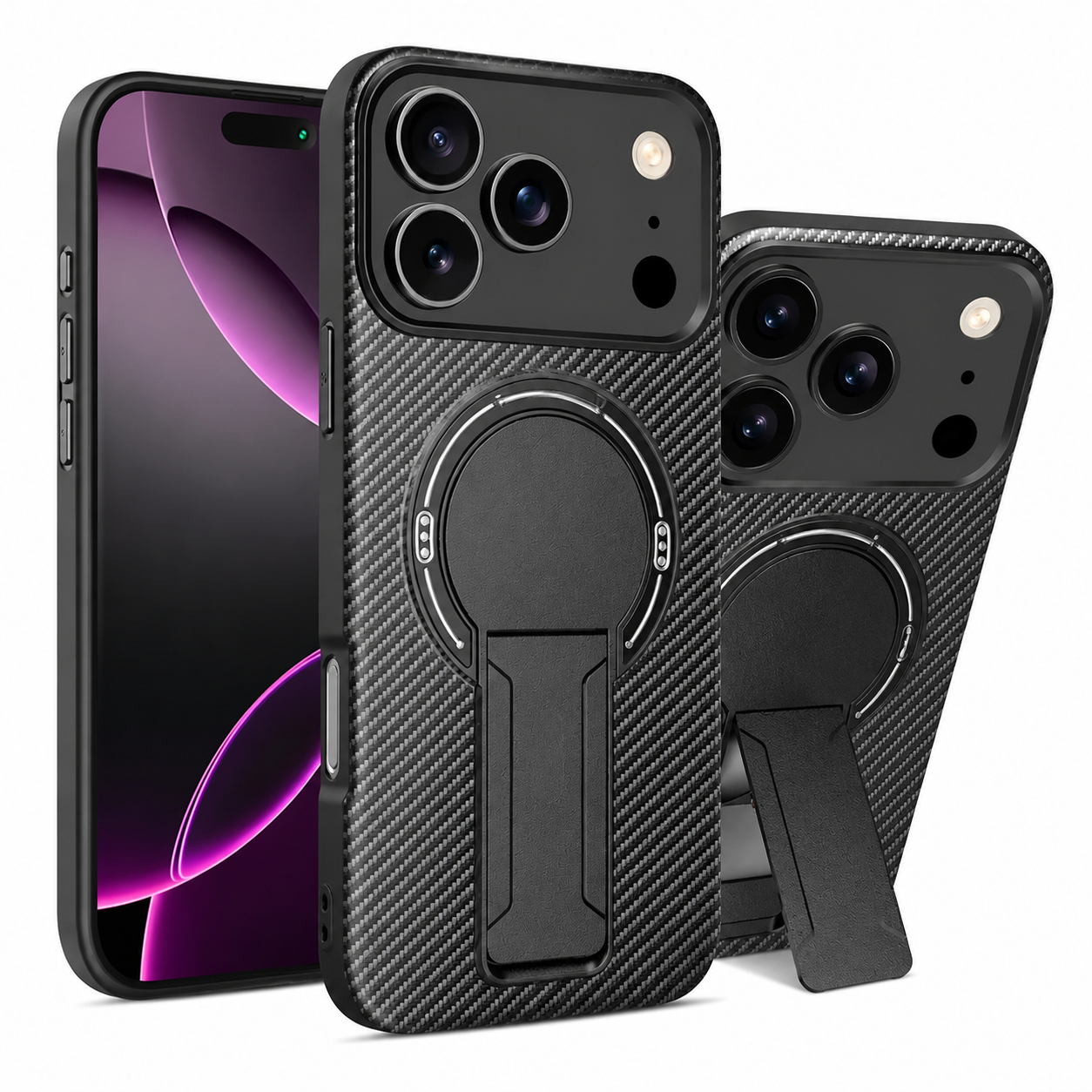 Premium iPhone Case MagSafe Compatible Carbon Fiber Pattern Fold Stand Magnetic Shockproof Protective Cover PC TPU Military Armor Camera Protection Full Coverage
