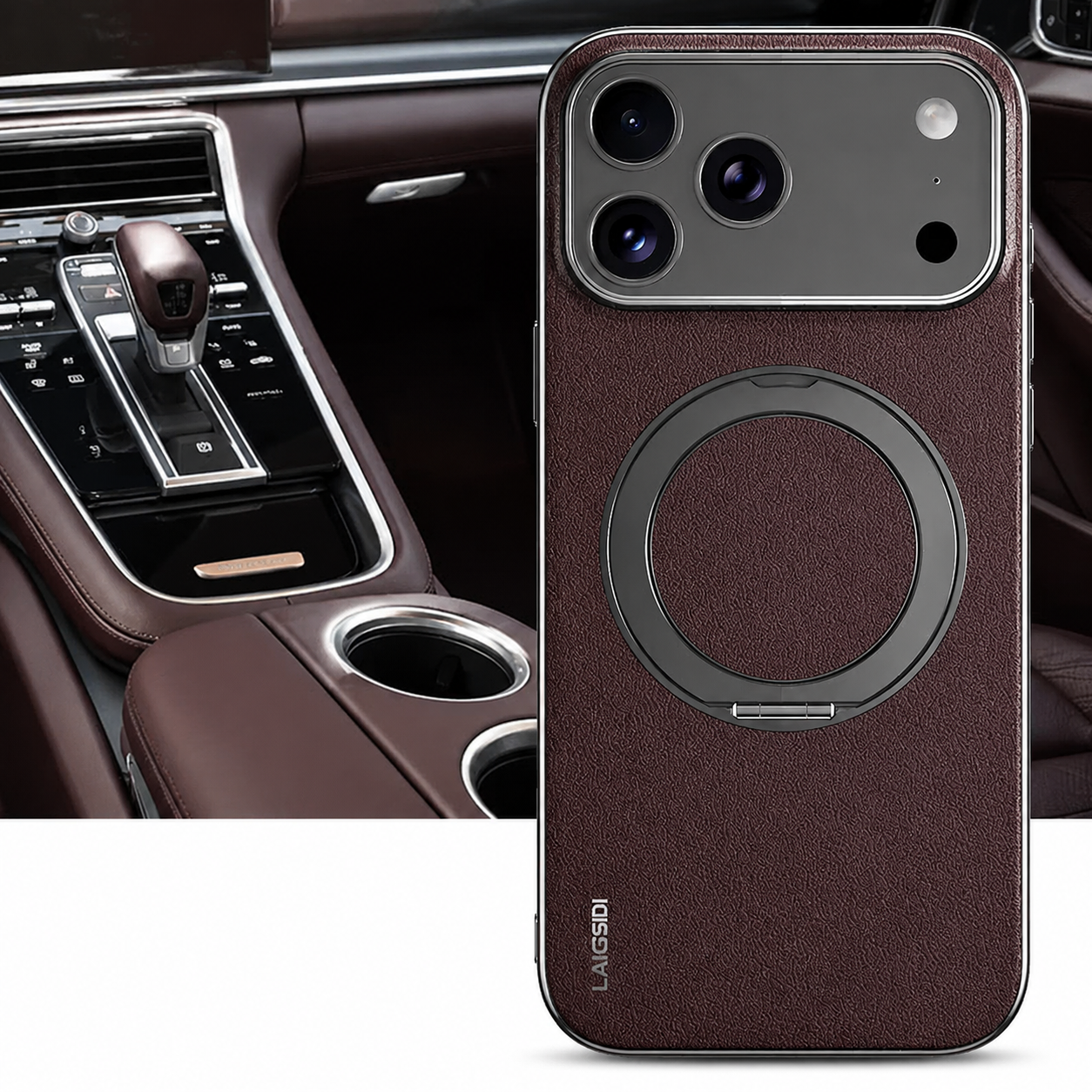 Premium iPhone Case MagSafe Compatible Cowhide Leather Cover with 360° Rotating Ring Holder Camera Lens Protection Shockproof PC TPU Slim Design Style