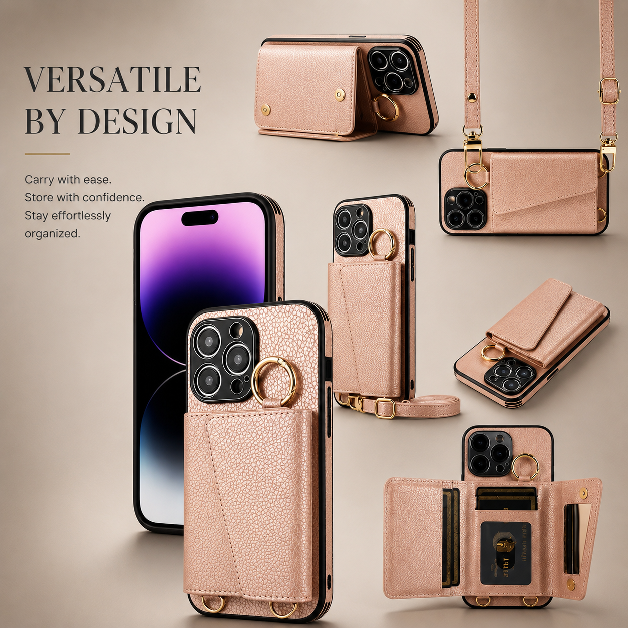 Premium iPhone Case MagSafe Compatible Crossbody Wallet Protective Cover PU Leather Card Holder Ring Stand Adjustable Strap Shockproof Full Body Design