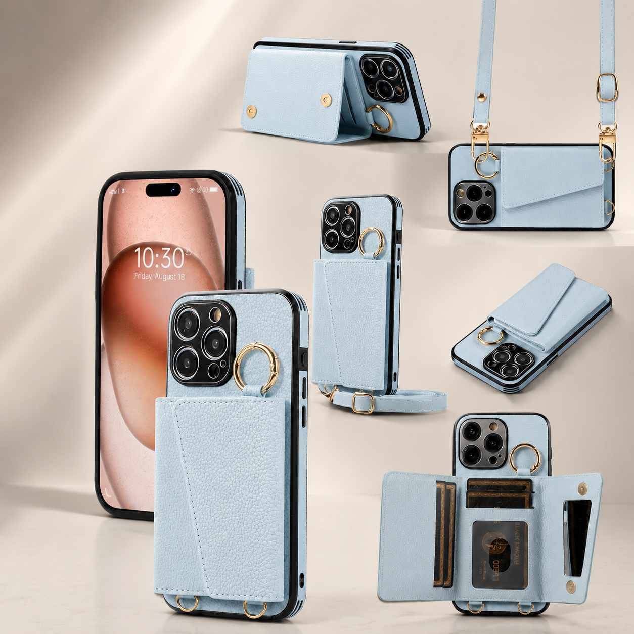 Premium iPhone Case MagSafe Compatible Crossbody Wallet Protective Cover PU Leather Card Holder Ring Stand Adjustable Strap Shockproof Full Body Design