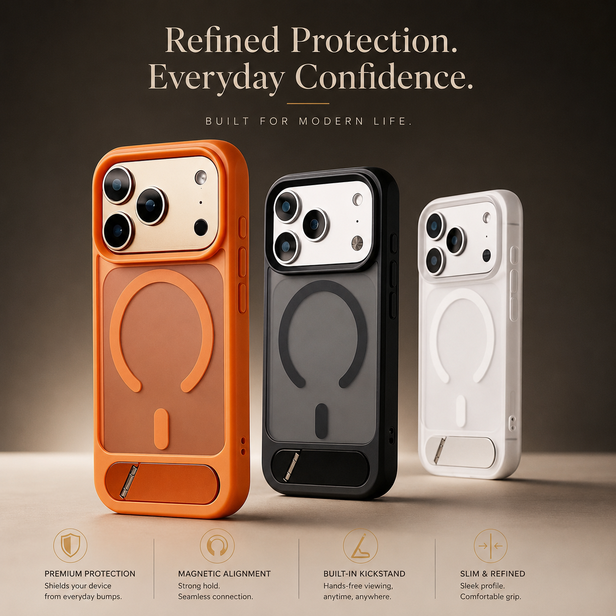 Premium iPhone Case MagSafe Compatible Foldable Stand Holder Matte PC Cover Shockproof Anti Fingerprint Magnetic Ring Non Slip Slim Protective Design