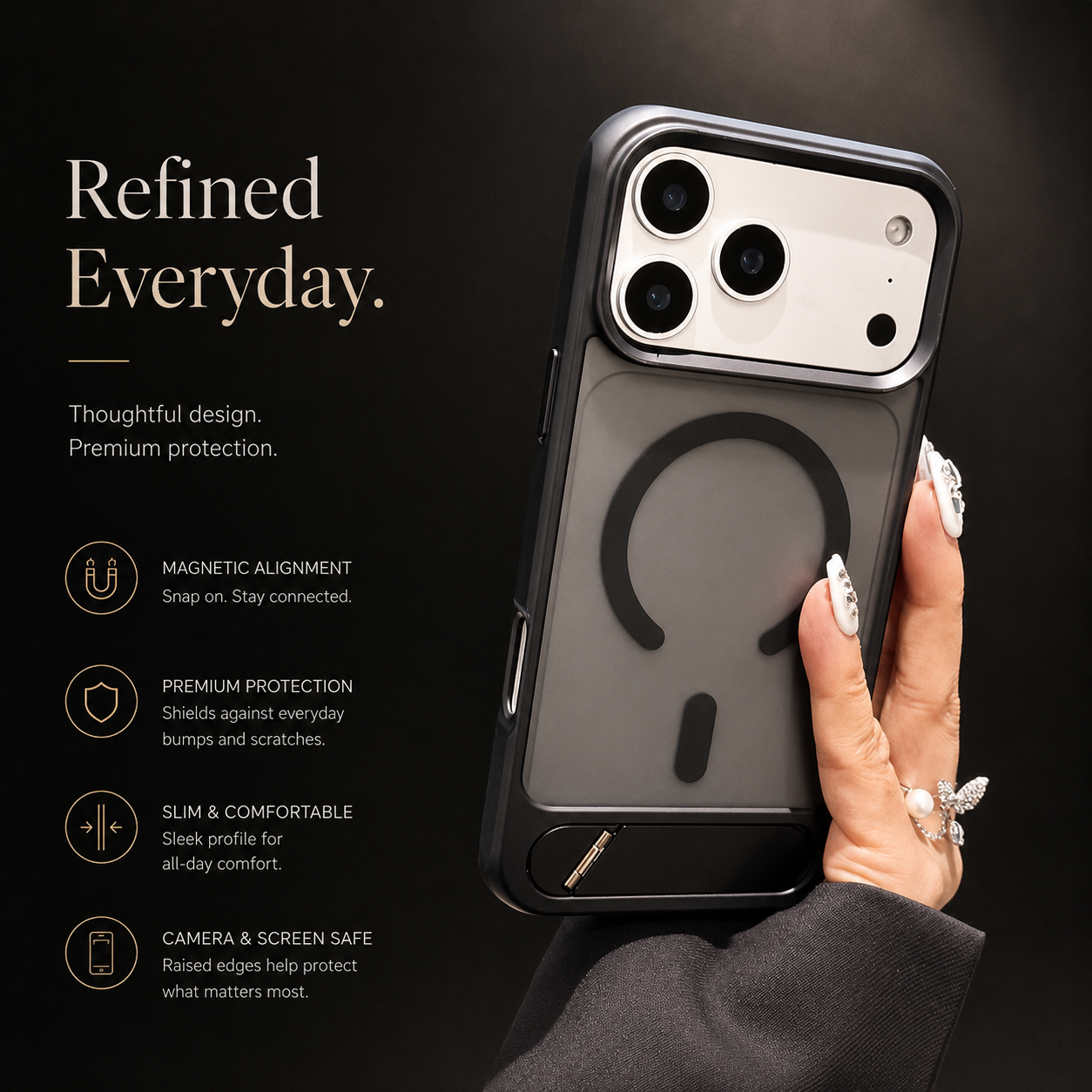 Premium iPhone Case MagSafe Compatible Foldable Stand Holder Matte PC Cover Shockproof Anti Fingerprint Magnetic Ring Non Slip Slim Protective Design