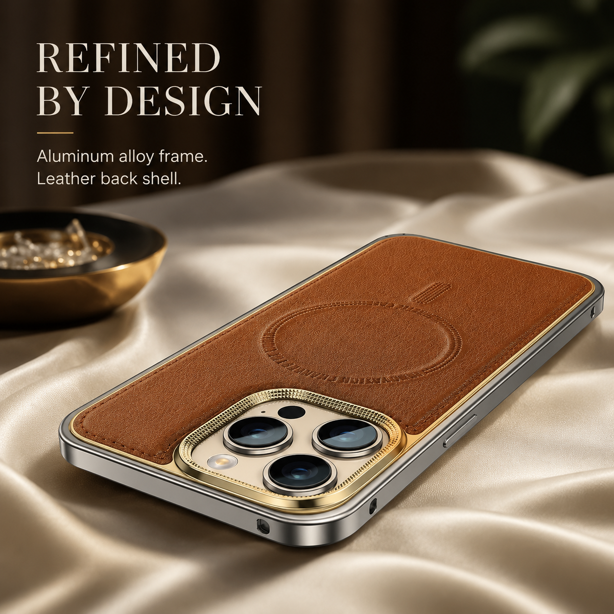 Premium iPhone Case MagSafe Compatible Leather Backplate Aluminum Alloy Frame Shockproof Protective Cover Wireless Charging Slim Luxury Design
