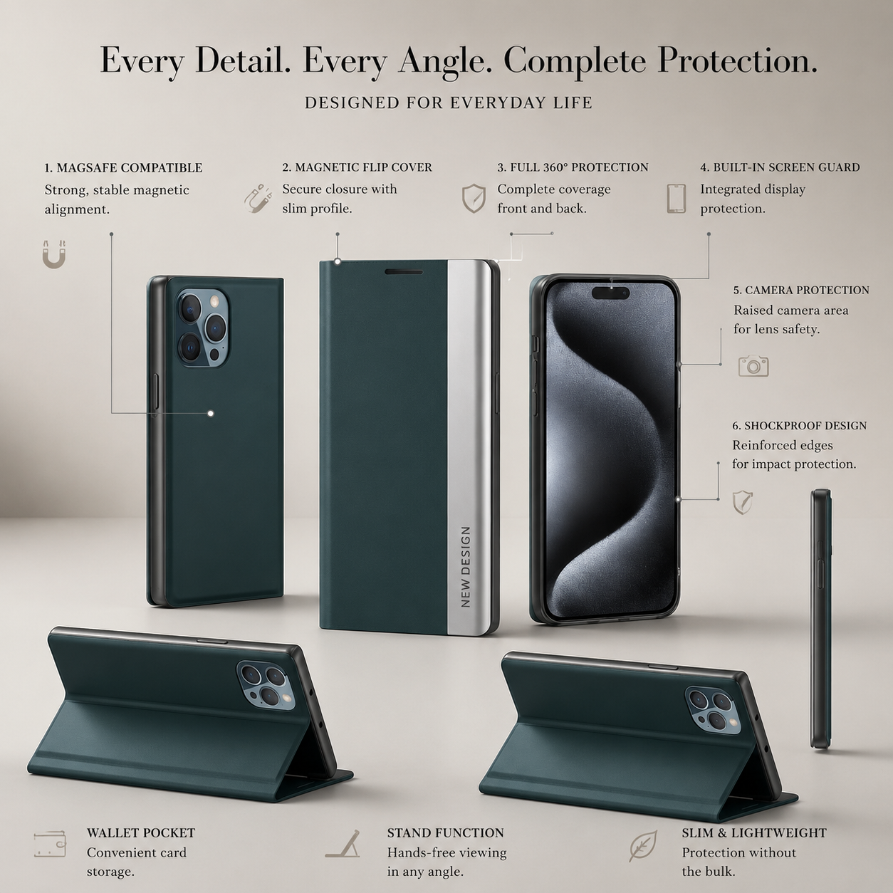 Premium iPhone Case MagSafe Compatible Leather Flip Wallet Cover Card Holder Stand Magnetic Shockproof Protective Case Screen Protection Slim Design
