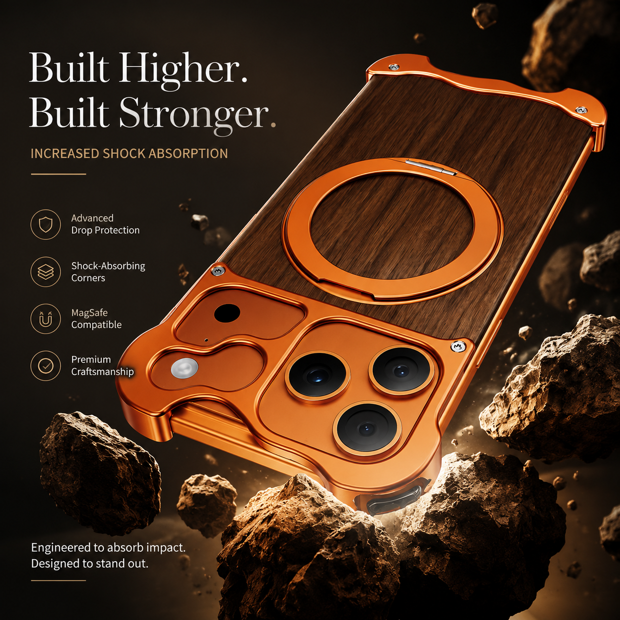 Premium iPhone Case MagSafe Compatible Magnetic Protective Cover Wood Back Aluminum Frame 360° Rotating Ring Stand Shockproof Camera Lens Guard Design