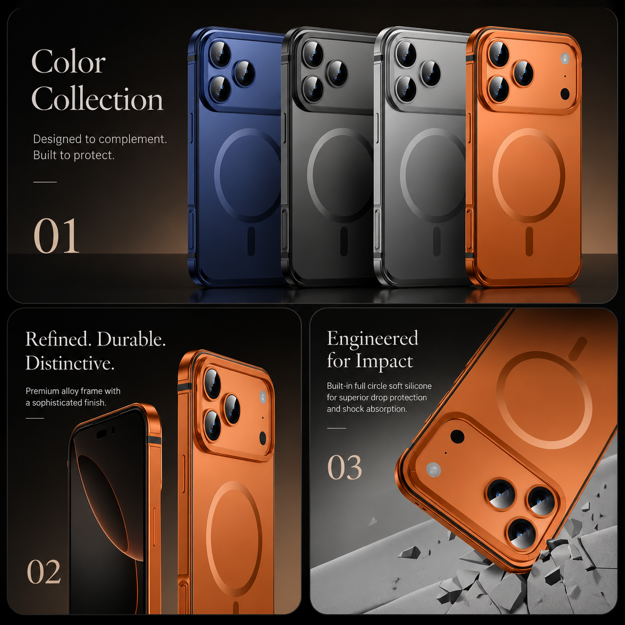 Premium iPhone Case MagSafe Compatible Orange Aluminum Alloy Cover Magnetic Glass Camera Protection Shockproof Matte Anti Scratch Lightweight Design