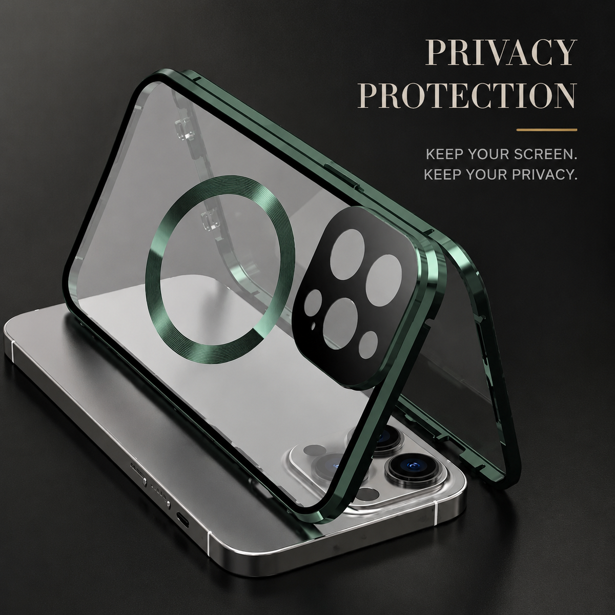 Premium iPhone Case MagSafe Compatible Privacy Tempered Glass Metal Frame Cover Shockproof Full Coverage Anti Scratch Non Slip Protective Slim Design