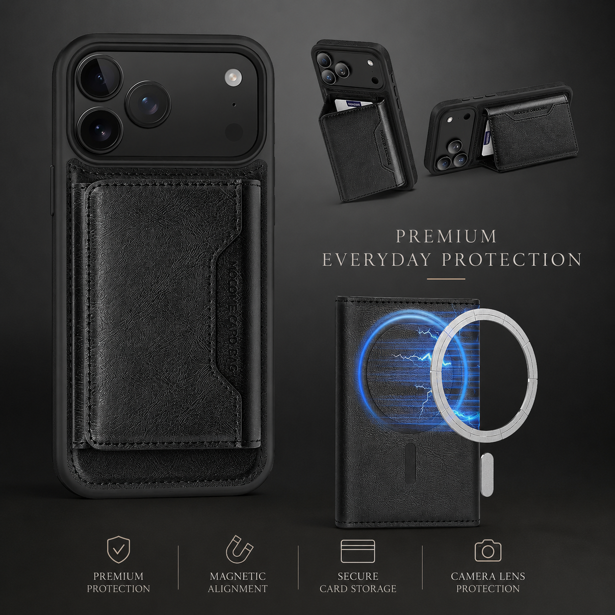 Premium iPhone Case MagSafe Compatible Protective Cover Camera Lens Protection Shockproof PU Leather Wallet Card Holder Magnetic Anti Scratch Full Coverage