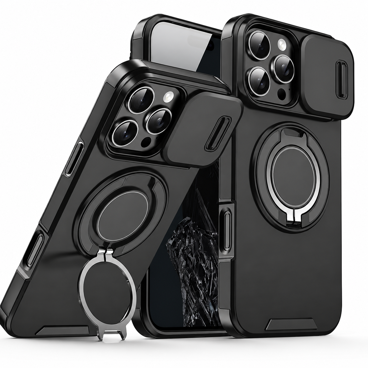 Premium iPhone Case MagSafe Compatible Rugged Armor Cover PC TPU Shockproof Magnetic Bracket Stand Slide Camera Protection Anti Fingerprint Non Slip