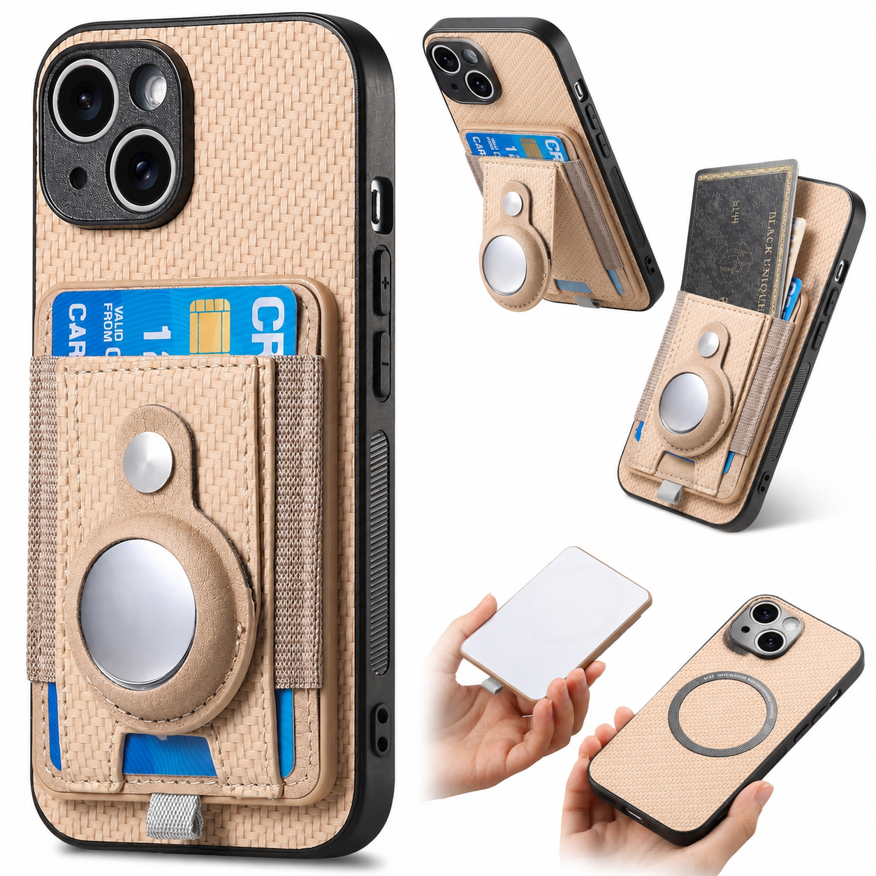 Premium iPhone Case MagSafe Compatible Wallet Cover AirTag Card Holder PC TPU Shockproof Anti Scratch Non Slip Protective Design Slim Durable