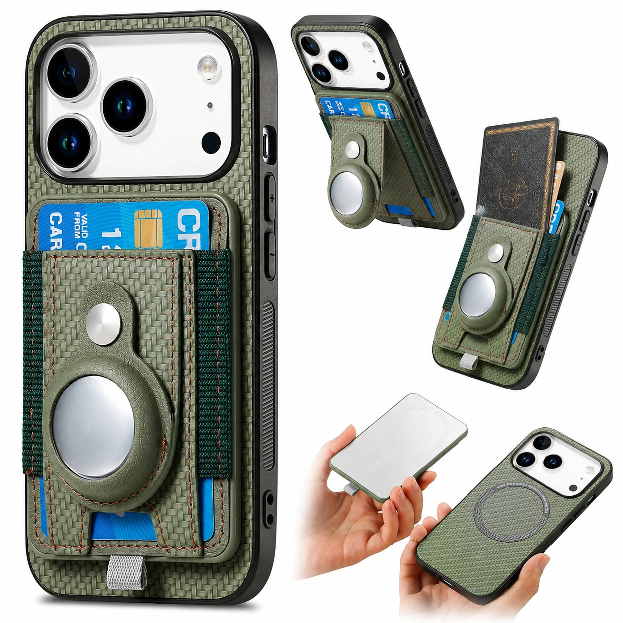 Premium iPhone Case MagSafe Compatible Wallet Cover AirTag Card Holder PC TPU Shockproof Anti Scratch Non Slip Protective Design Slim Durable