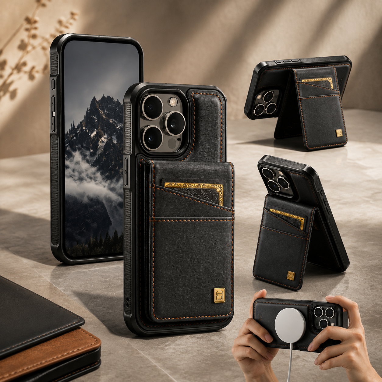 Premium iPhone Case Magnetic Wallet Cover PU Leather Detachable Flip Case Card Holder Wrist Strap Shockproof Protective Cover Slim Design