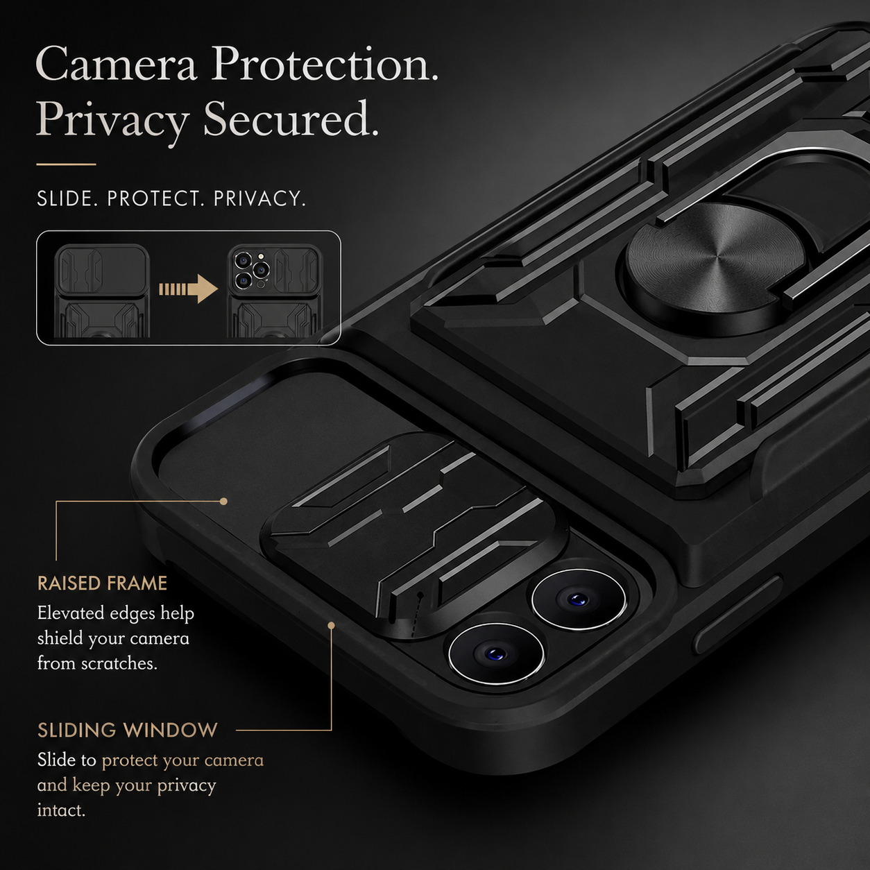 Premium iPhone Case Military Grade Magnetic Armor Cover Slide Camera Protector Card Slot 360° Ring Stand Shockproof MagSafe Protective Case