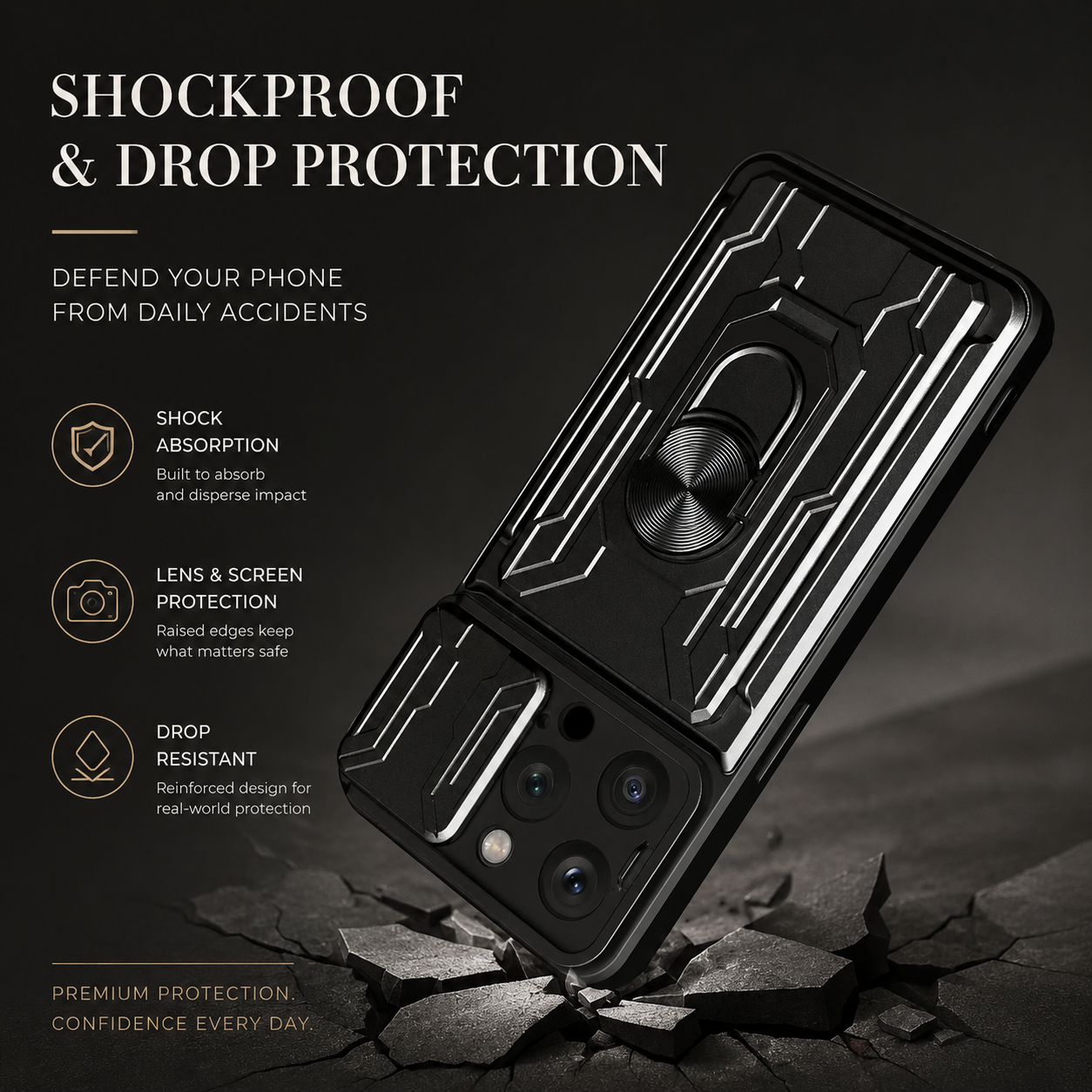 Premium iPhone Case Military Grade Magnetic Armor Cover Slide Camera Protector Card Slot 360° Ring Stand Shockproof MagSafe Protective Case