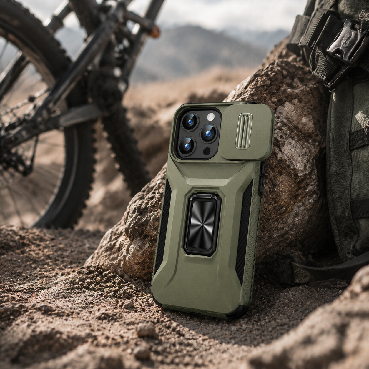 Premium iPhone Case Military Grade Shockproof Protective Cover Sliding Camera Lens Guard Rotary Stand Anti Slip Grip Full Coverage