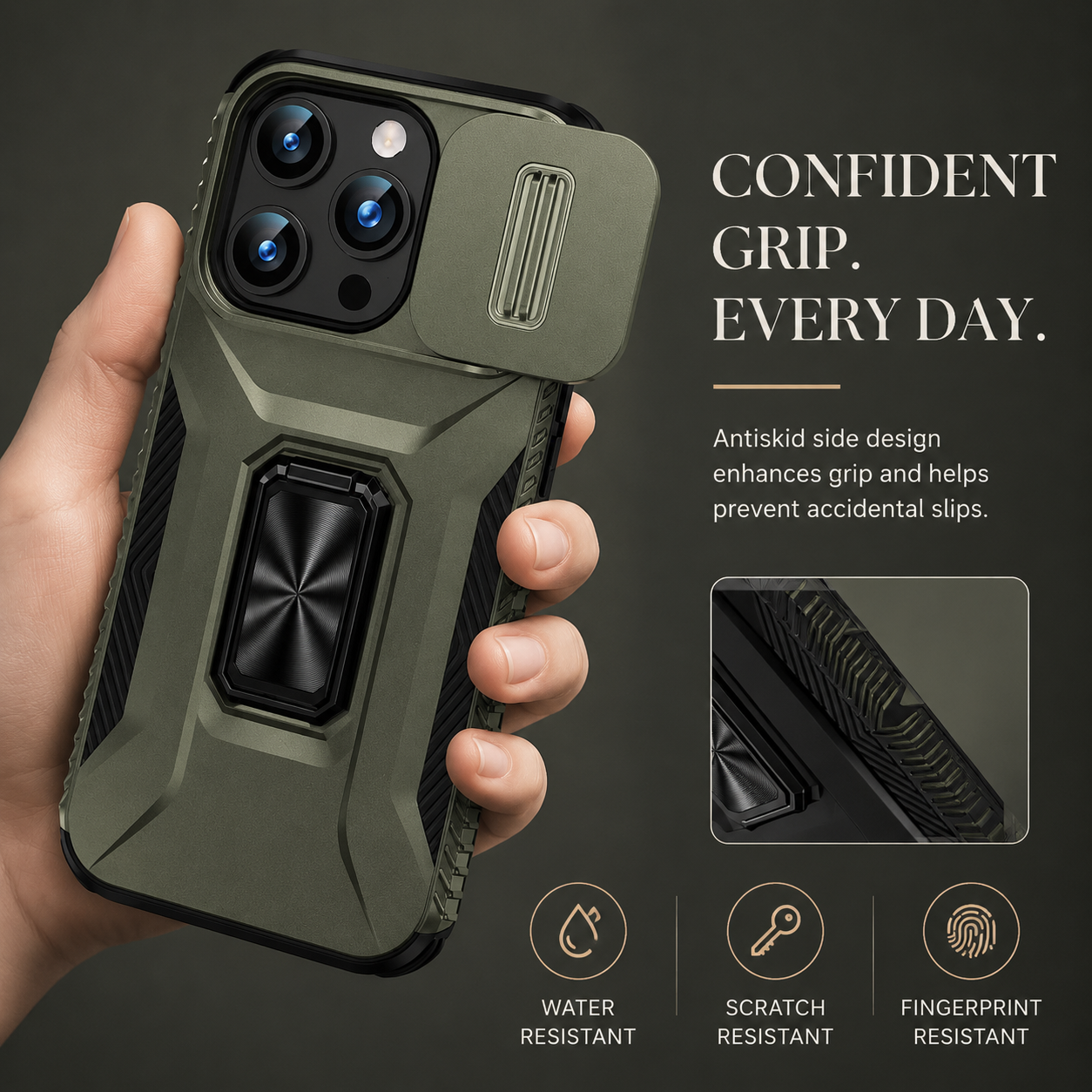 Premium iPhone Case Military Grade Shockproof Protective Cover Sliding Camera Lens Guard Rotary Stand Anti Slip Grip Full Coverage