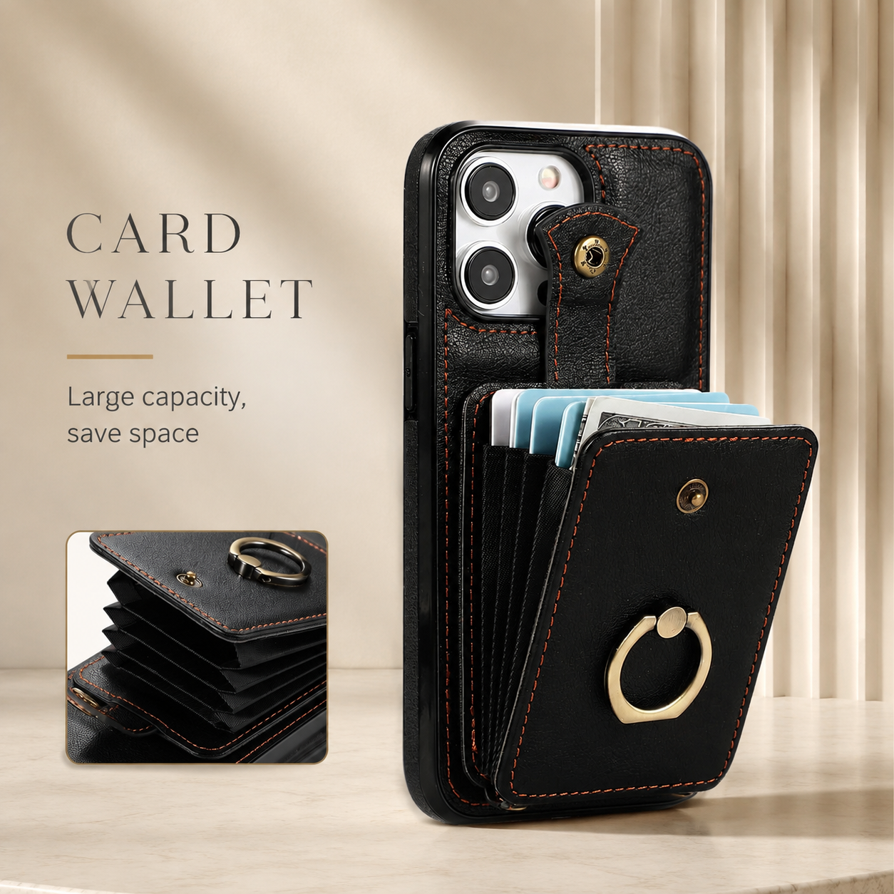 Premium iPhone Case PU Leather Wallet Cover Card Holder RFID Blocking 360° Rotating Ring Kickstand Shockproof Protective Case Full Coverage