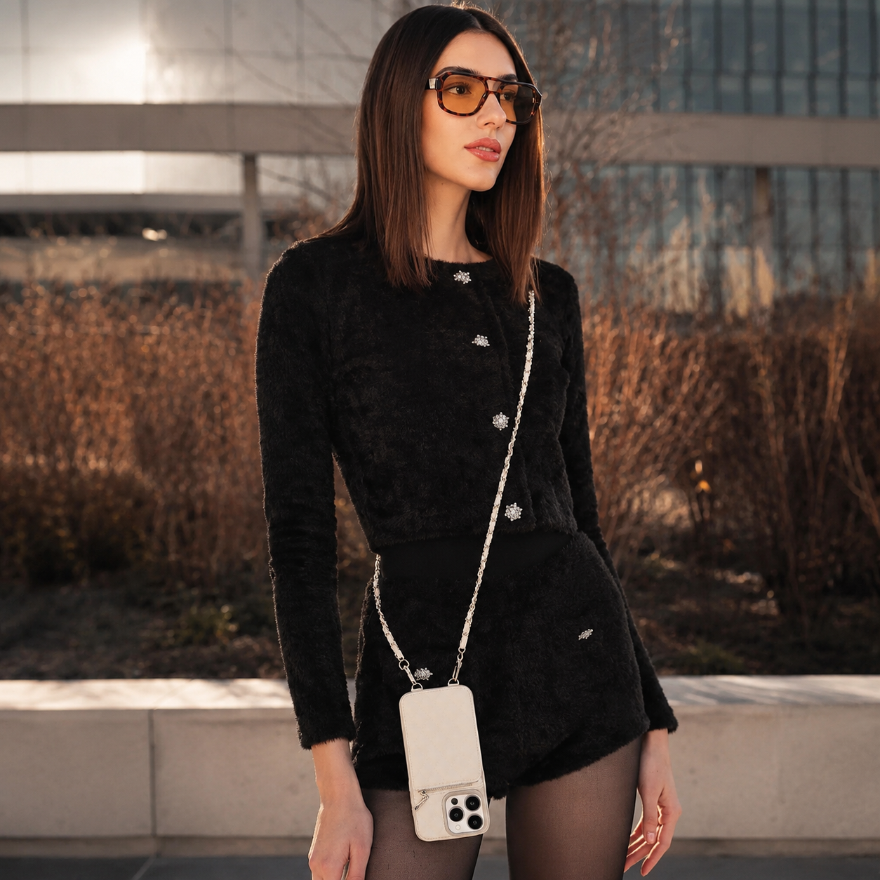 Premium iPhone Case Protective Cover Camera Lens Protection Shockproof Diamond Stitch Leather Crossbody Card Holder Chain Strap Anti Scratch Full Coverage