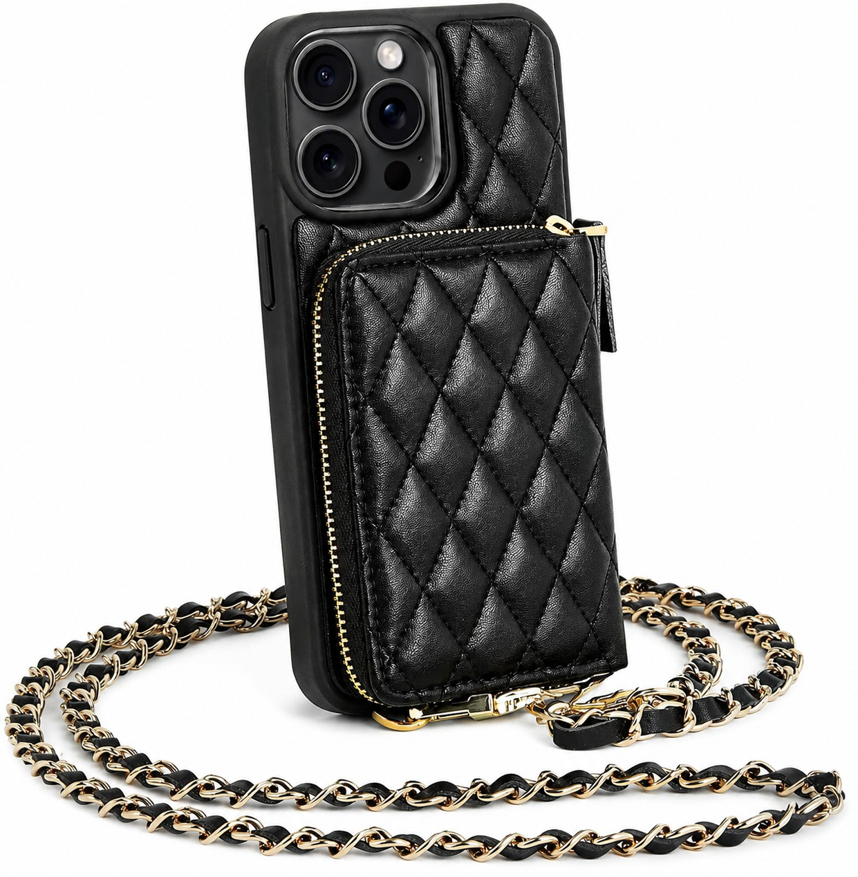 Premium iPhone Case Protective Cover Camera Lens Protection Shockproof Diamond Stitch Leather Crossbody Card Holder Chain Strap Anti Scratch Full Coverage