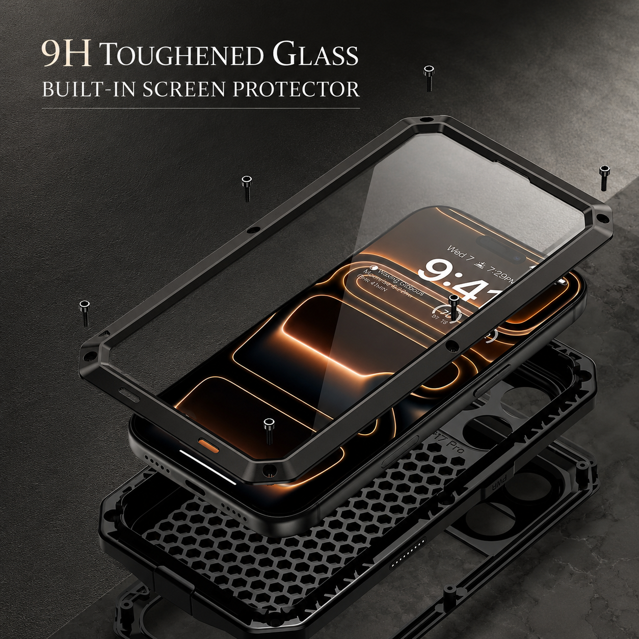 Premium iPhone Case Protective Cover Camera Lens Protection Shockproof Heavy Duty Metal Frame Built In Glass Screen Protector TPU PC Armor Full Coverage
