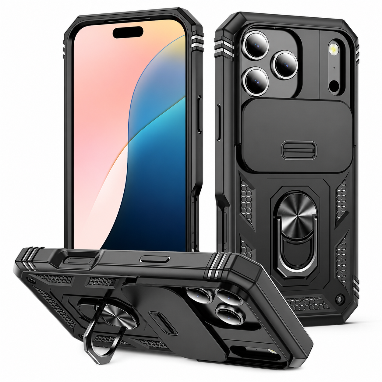 Premium iPhone Case Protective Cover Camera Lens Protection Shockproof Sliding Camera Cover 360 Rotating Kickstand Heavy Duty Anti Scratch Full Coverage
