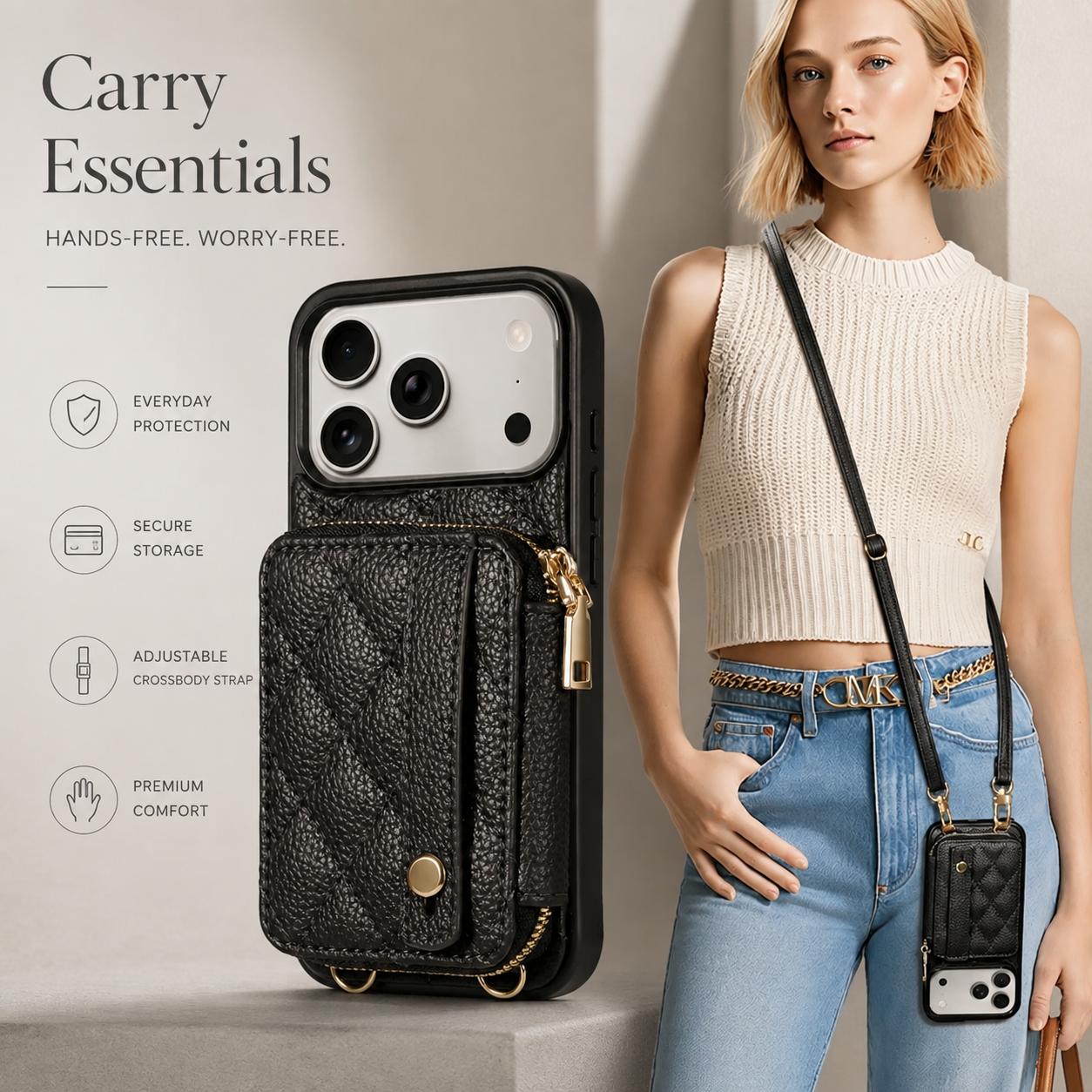 Premium iPhone Case RFID Blocking PU Leather Wallet Cover Crossbody Shoulder Strap Wrist Strap Card Holder Shockproof Protective Design