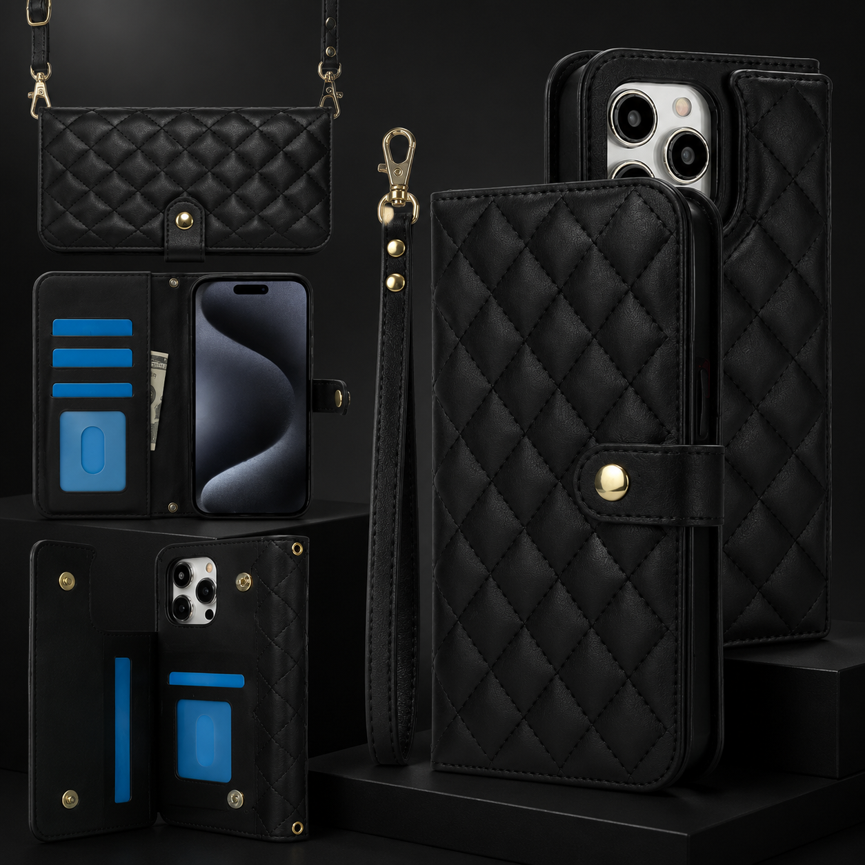 Premium iPhone Case RFID Blocking Wallet Crossbody Flip Cover Card Holder PU Leather Magnetic Closure Shockproof Protective Strap Design
