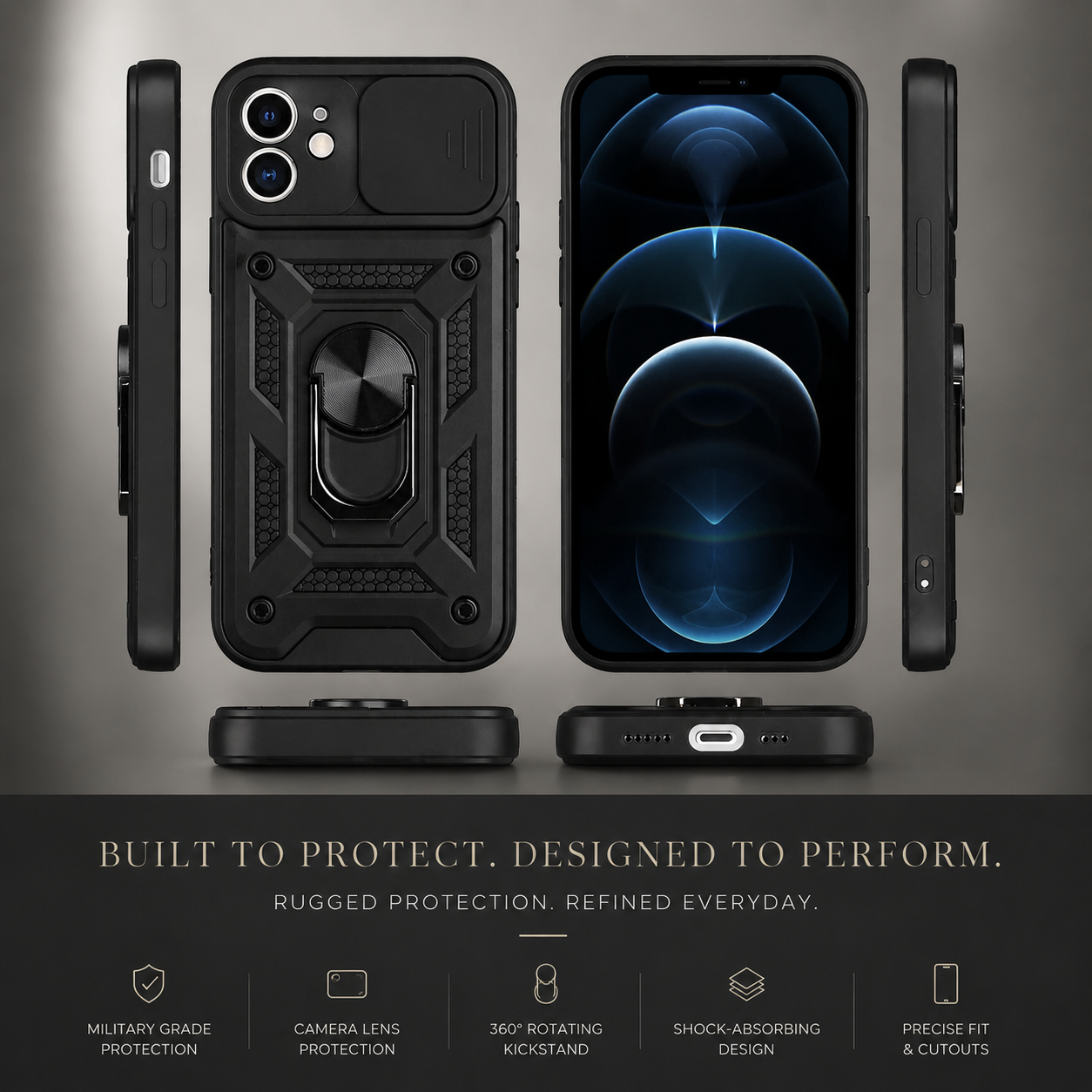 Premium iPhone Case Shockproof Armor Cover Slide Camera Lens Protector Rugged Full Body Protection TPU PC Hybrid Protective Case