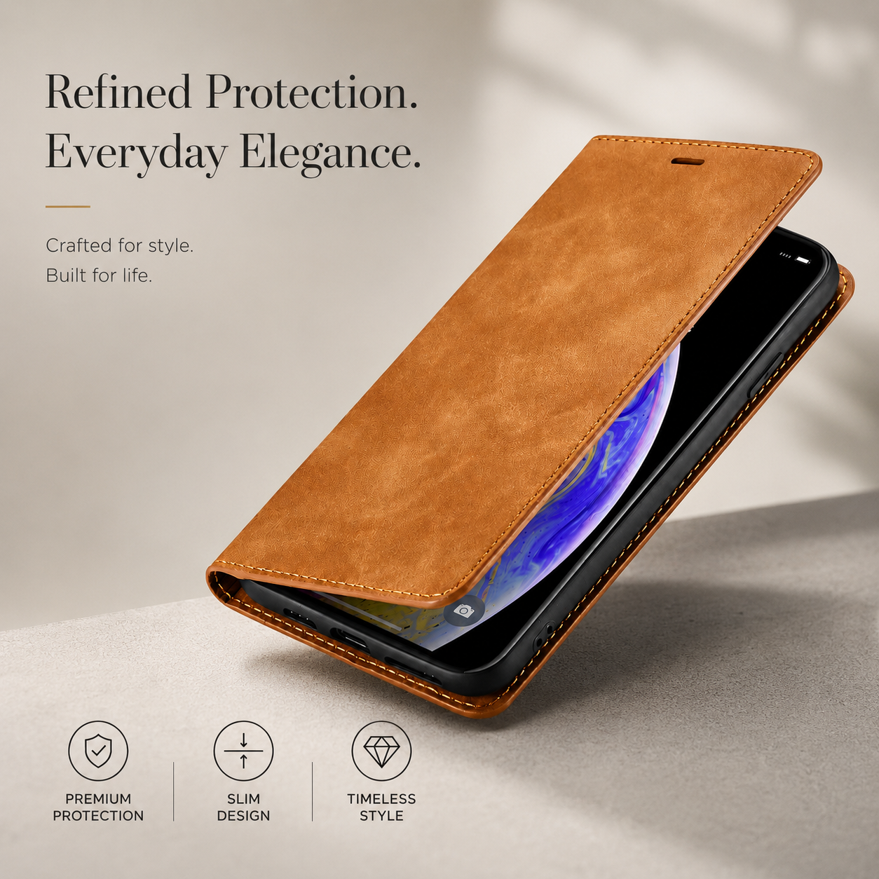 Premium iPhone Case Suede Leather Wallet Flip Cover Card Holder Magnetic Closure Shockproof Full Body Protection Slim Protective Design