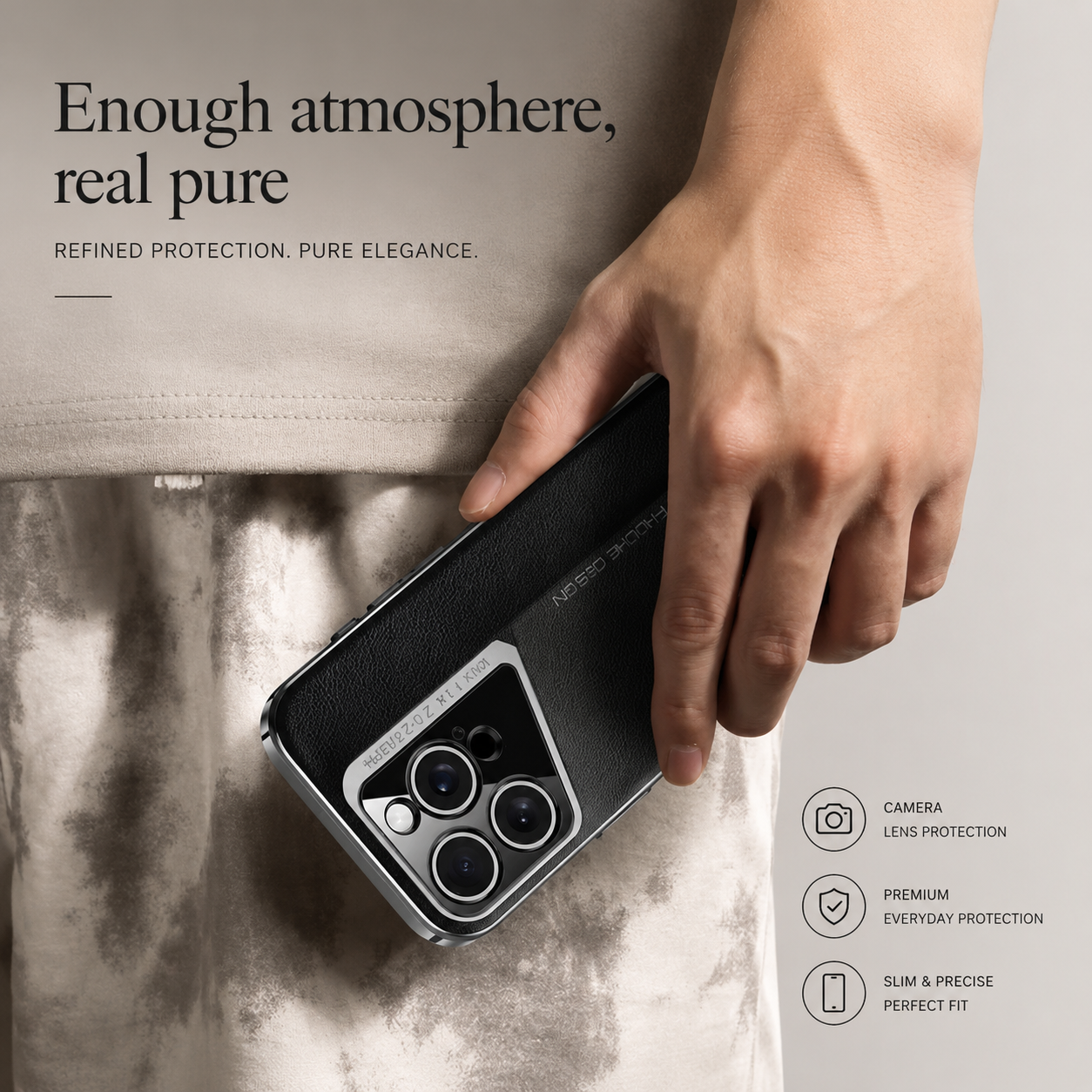 Premium iPhone Case Vegan Leather Hard Back Protective Cover Camera Lens Protection Anti-Fingerprint Anti-Scratch Slim Lightweight Wireless Charging Compatible Full Coverage