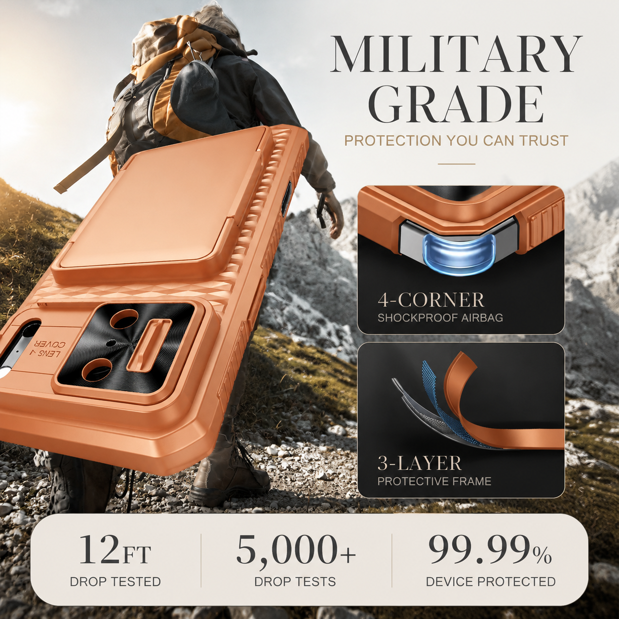 Premium iPhone Case Wallet Card Holder Sliding Camera Cover Foldable Stand Shockproof PC TPU Protective Full Coverage Design
