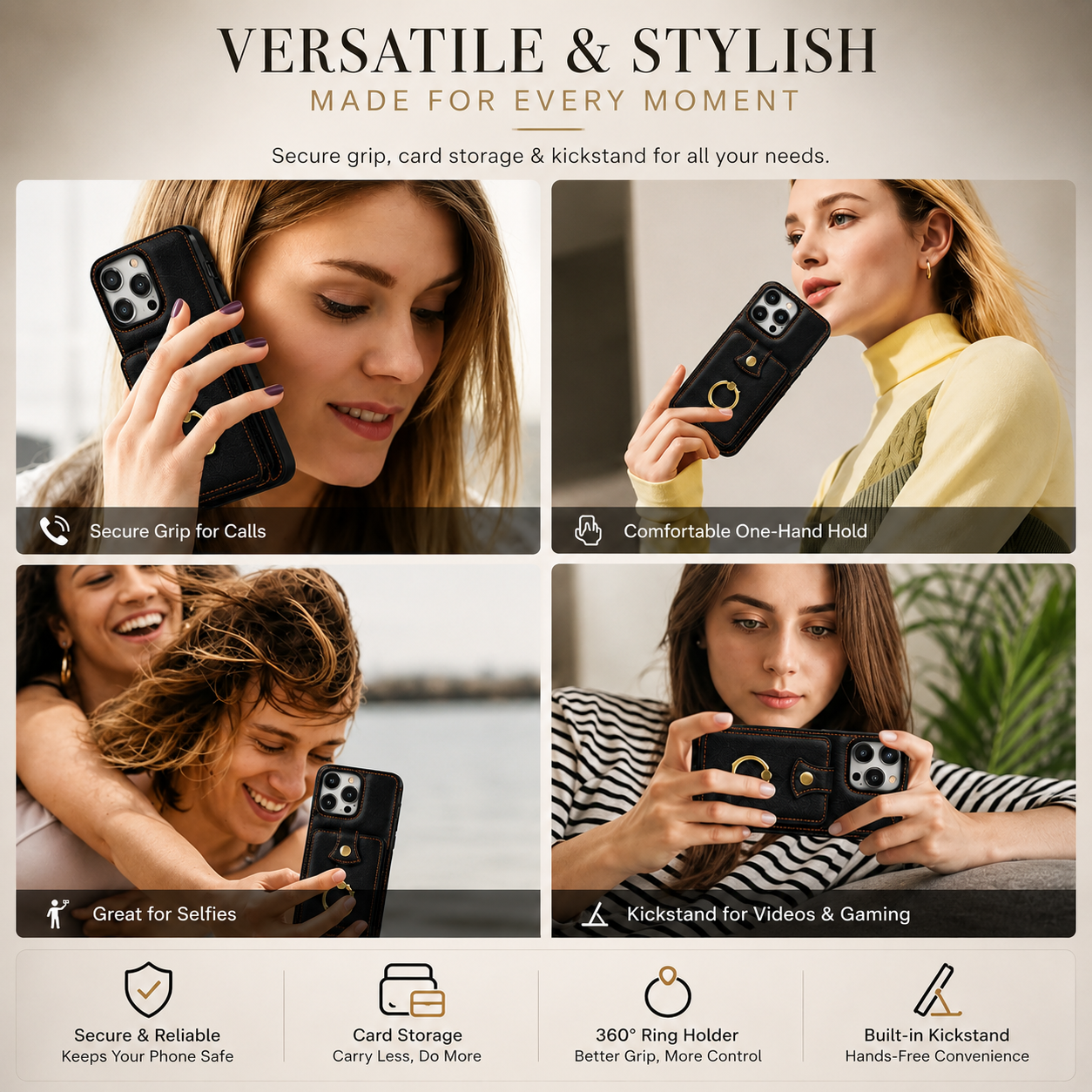 Premium iPhone Case Wallet Cover Card Holder RFID Blocking PU Leather Protective Case 360 Rotating Ring Kickstand Shockproof Full Coverage Design