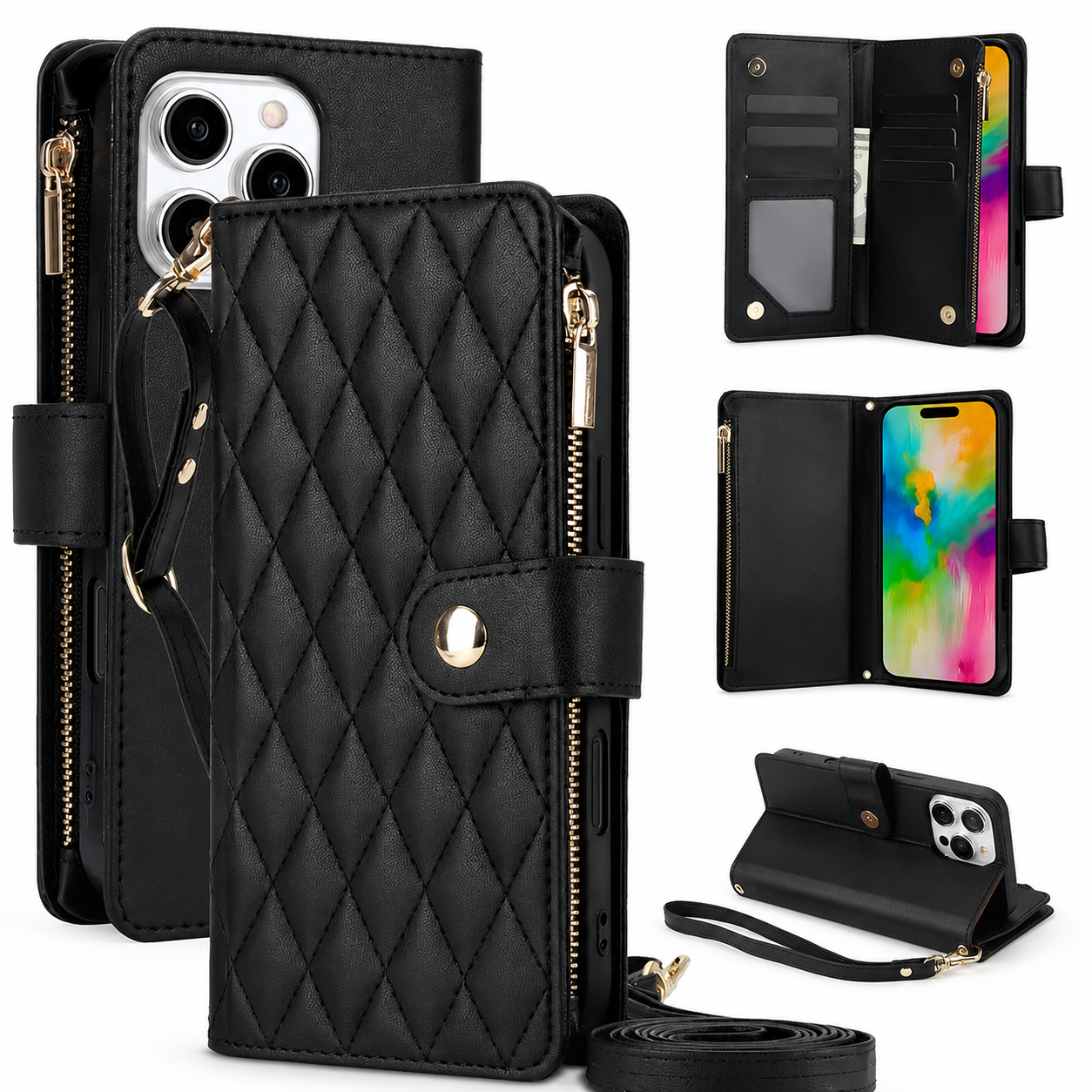 Premium iPhone Case Wallet Flip Cover Magnetic Leather Protective Case Zipper Card Holder Shockproof Crossbody Strap Kickstand Full Coverage