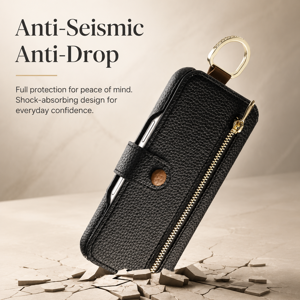 Premium iPhone Case Wallet Flip Leather Cover Card Holder Wrist Strap Ring Kickstand Shockproof Magnetic Closure Full Protection Design