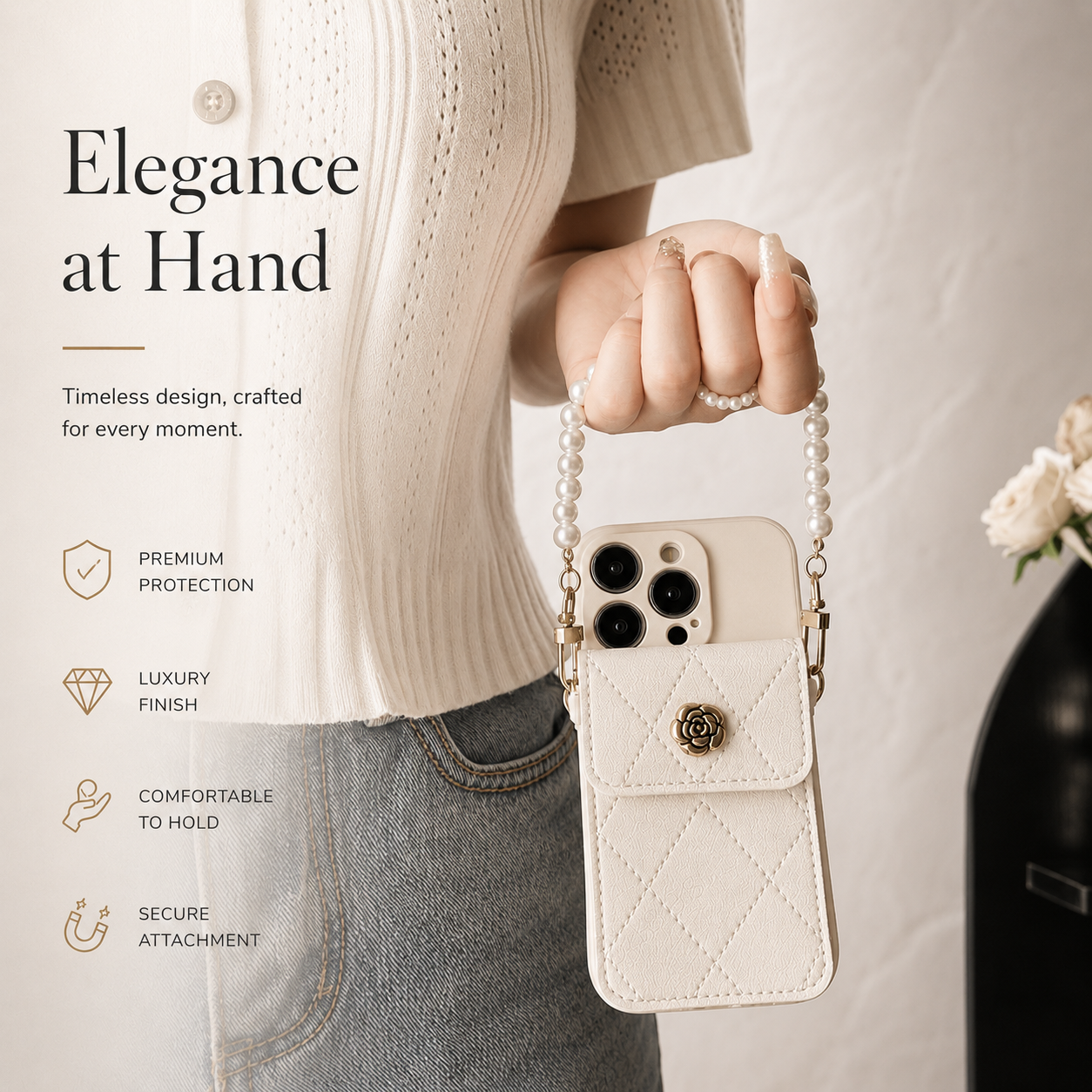 Premium iPhone Case Wallet MagSafe Compatible Crossbody Strap Protective Cover Card Holder Shockproof Pearl Strap Camera Protection Slim Luxury Design