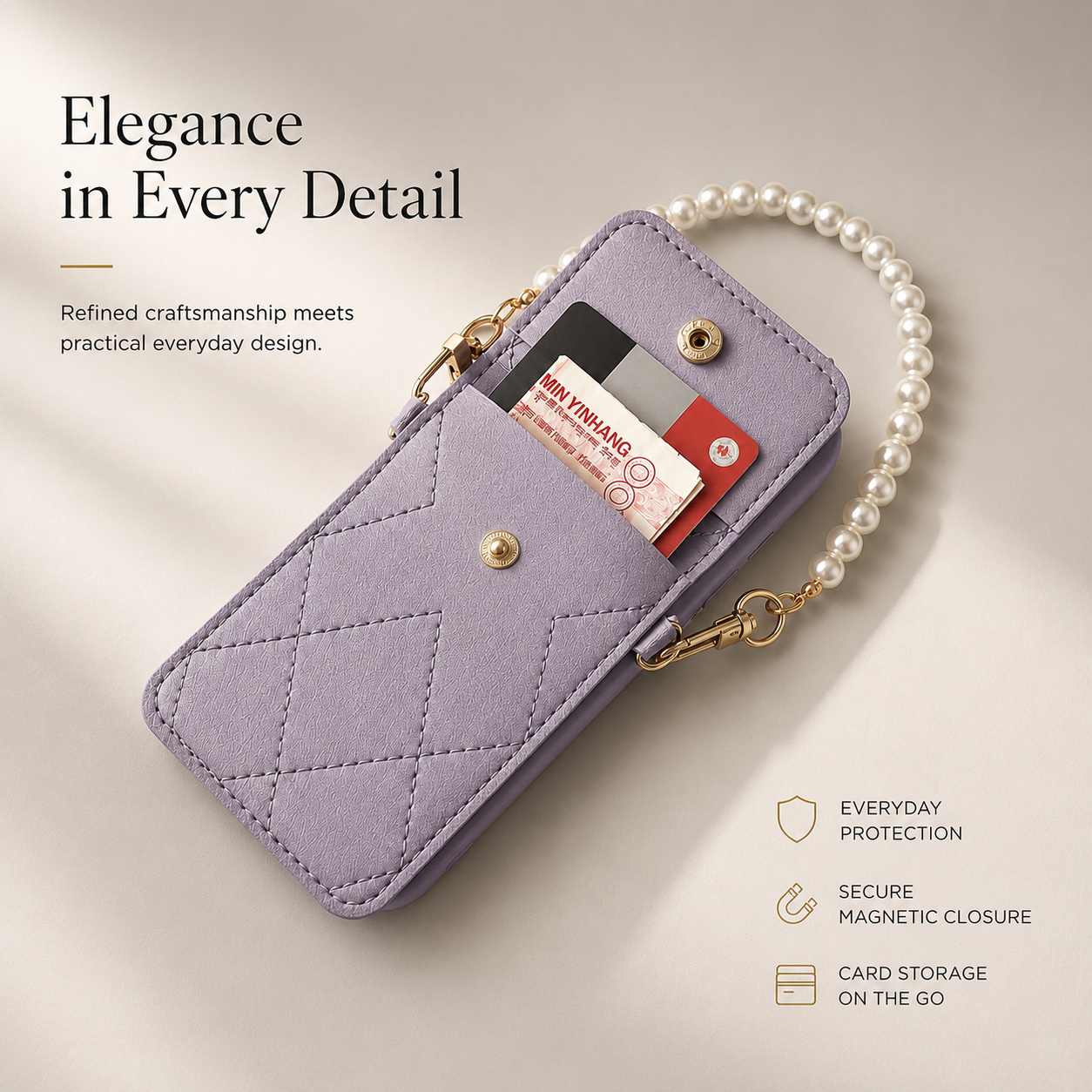Premium iPhone Case Wallet MagSafe Compatible Crossbody Strap Protective Cover Card Holder Shockproof Pearl Strap Camera Protection Slim Luxury Design