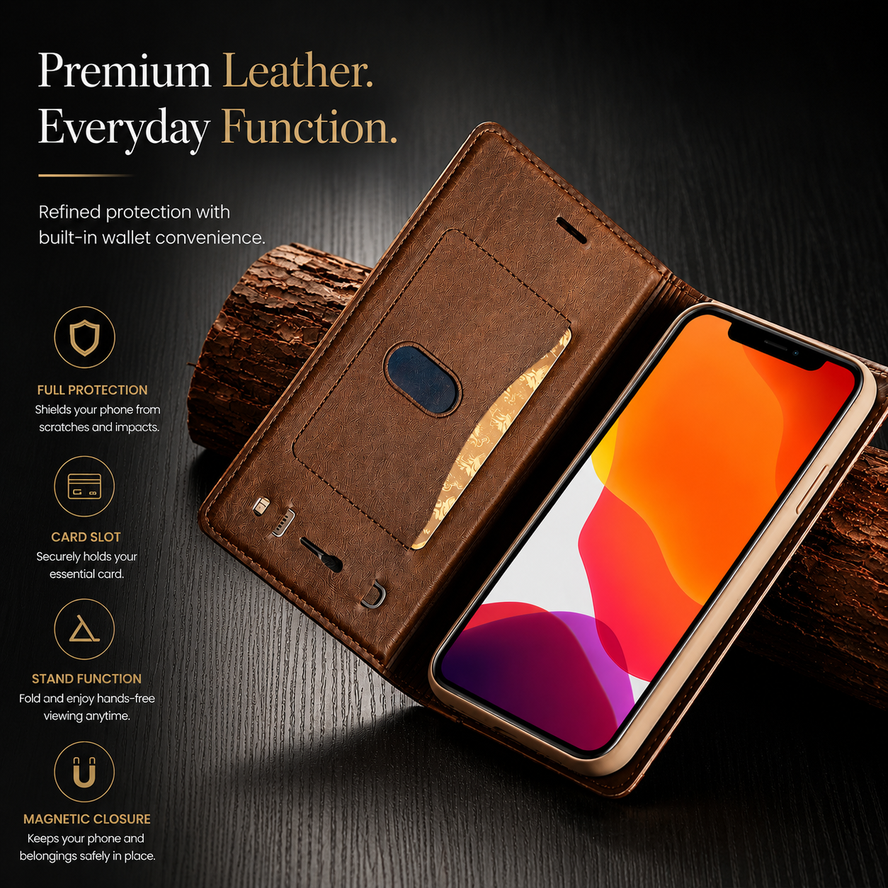 Premium iPhone Case Wallet MagSafe Compatible Leather Flip Cover Card Holder SIM Card Storage Shockproof Protective Full Body Stand Design
