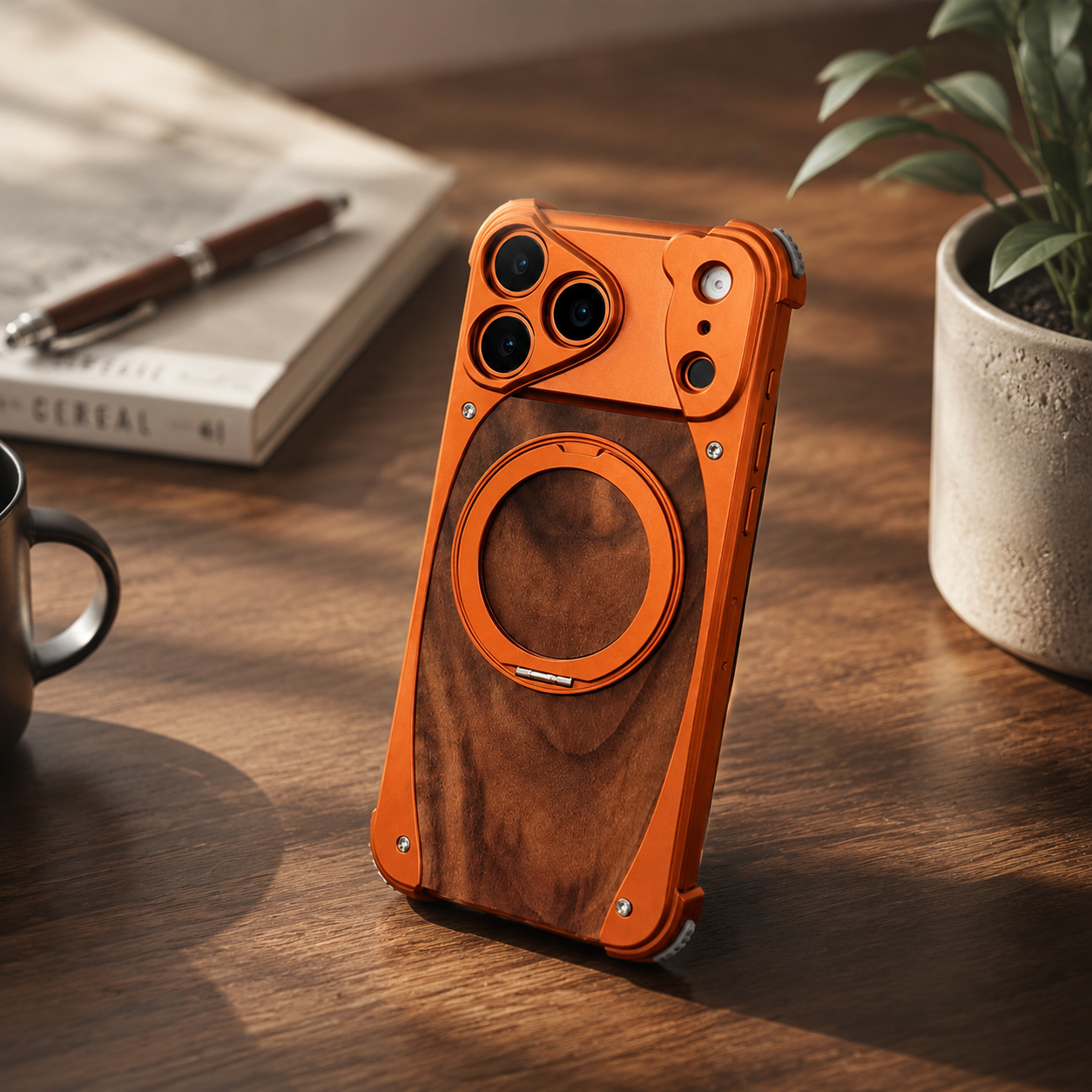 Premium iPhone Case Walnut Wood Aluminum Magnetic Protective Cover Shockproof Built-In Stand Wireless Charging Camera Lens Protection Full Coverage