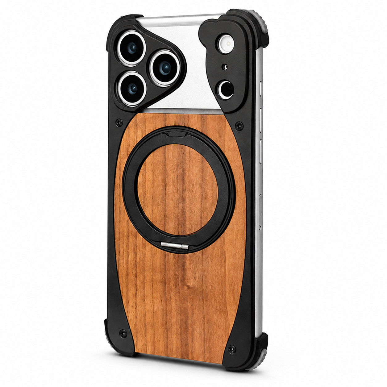 Premium iPhone Case Walnut Wood Aluminum Magnetic Protective Cover Shockproof Built-In Stand Wireless Charging Camera Lens Protection Full Coverage