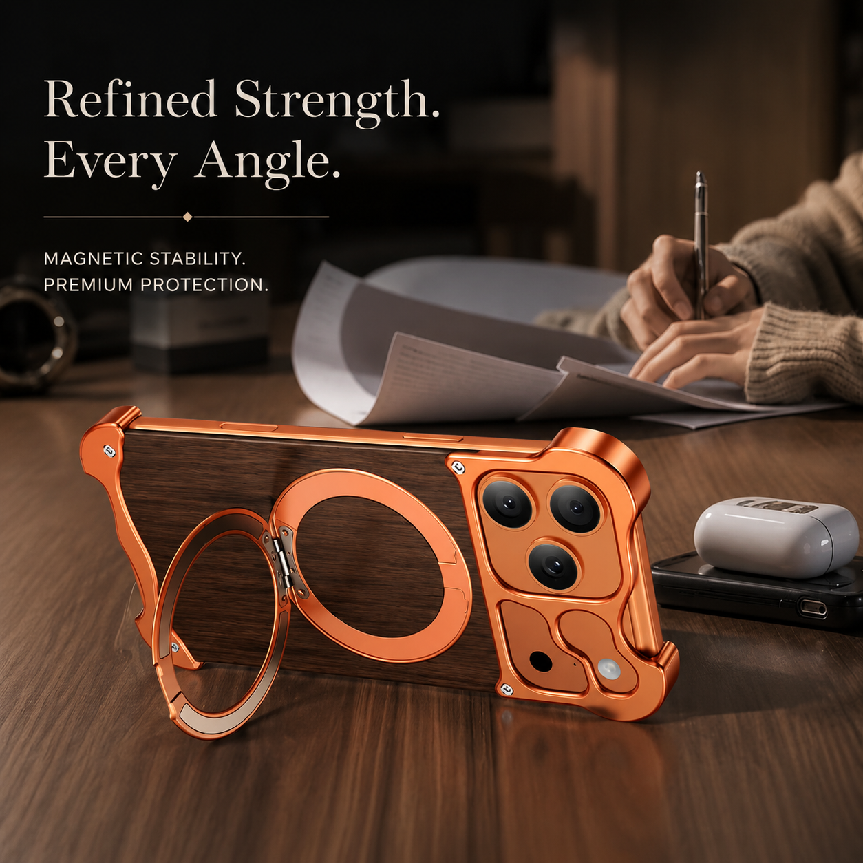Premium iPhone Case Wood Aluminum Frame MagSafe Compatible Protective Cover 360° Rotating Ring Stand Shockproof Camera Lens Guard